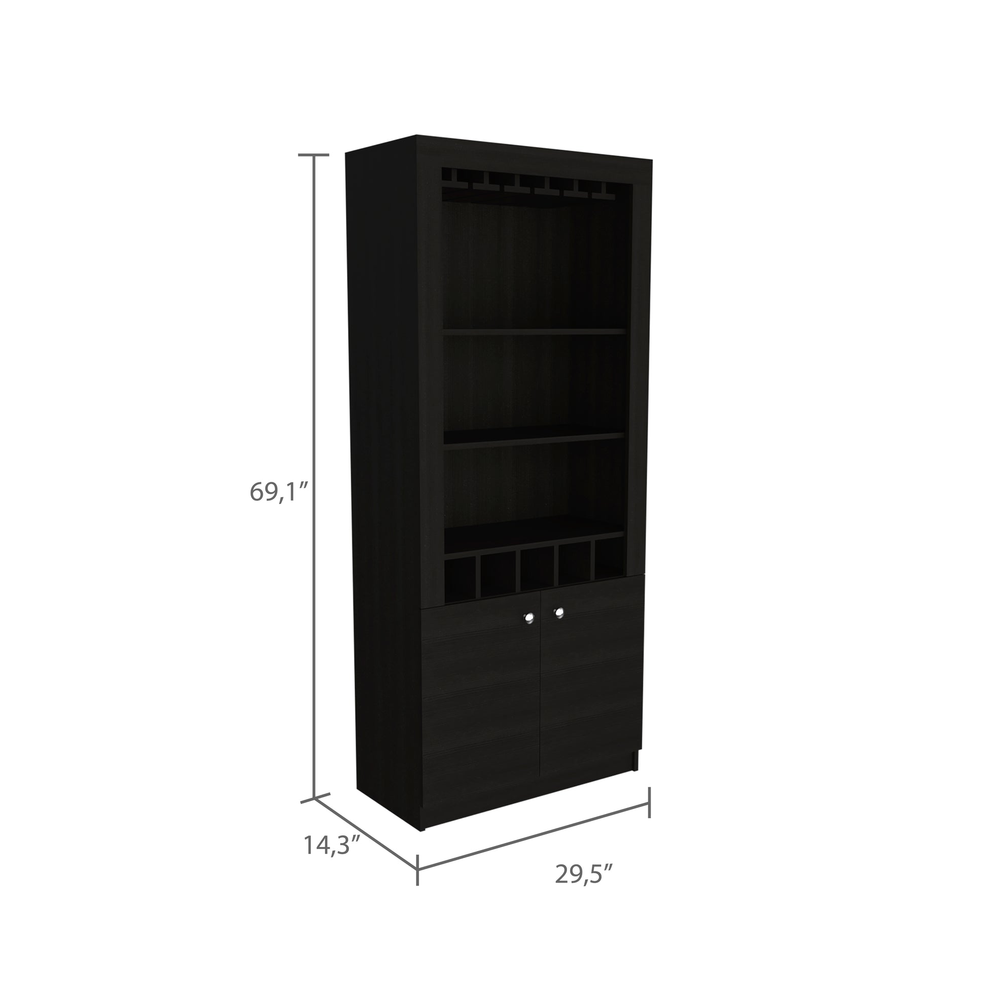 Montenegro Bar Cabinet, Double Door Cabinet, Five Built In Wine Rack, Three Shelves Black Black Particle Board