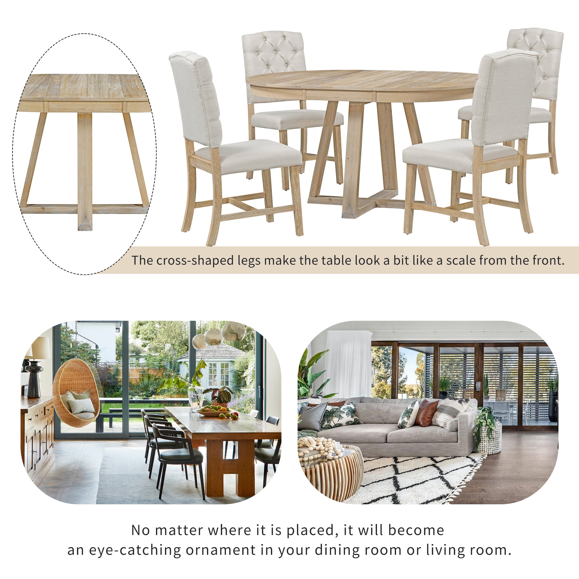 5 Piece Retro Functional Dining Set, Round Table With A 16"W Leaf And 4 Upholstered Chairs For Dining Room And Living Room Natural Natural Solid Wood