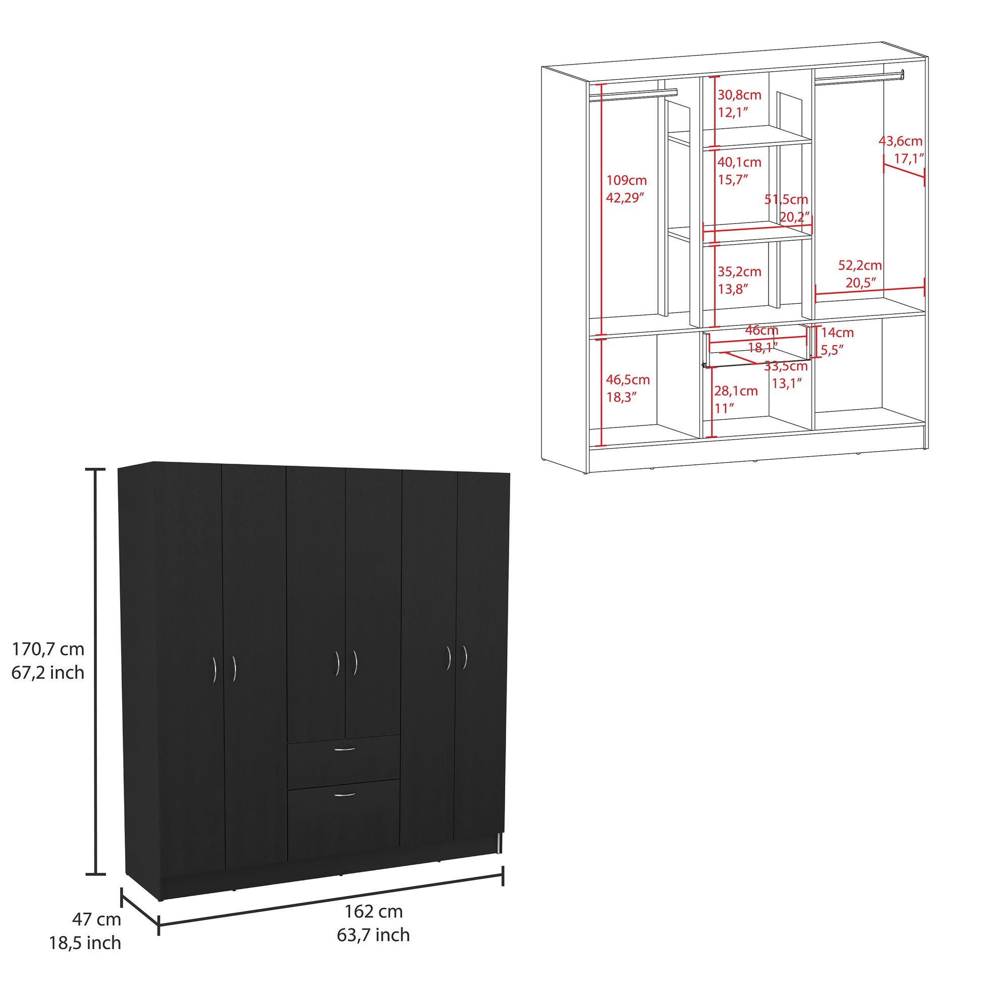 Mitu Six Doors Armoire, Seven Interior Shelves, One Drawer, Rod Black White Black Bedroom Particle Board