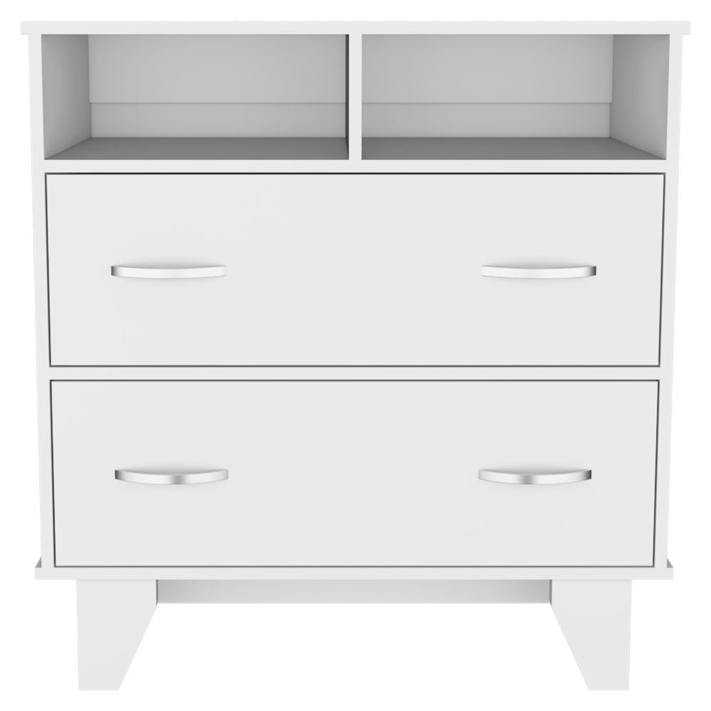 Portanova Two Drawer Dresser, Two Open Shelves, Superior Top, Four Leg Portanova Two Drawer Dresser, Two Open Shelves, Superior Top, Four Leg