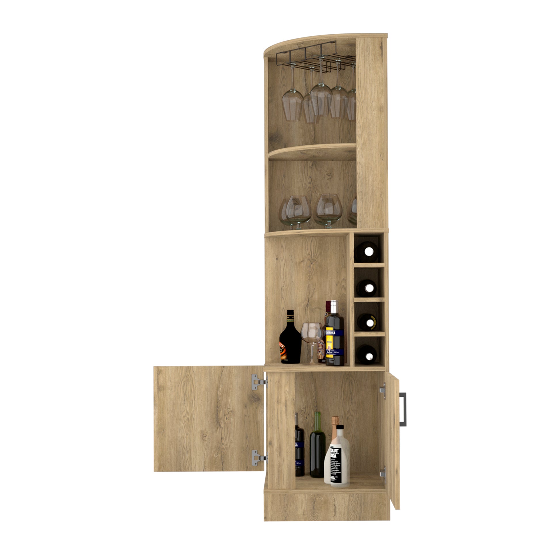 Syrah Corner Bar Cabinet, Eight Bottle Cubbies, Double Door, Two Open Shelves Old Pine Particle Board