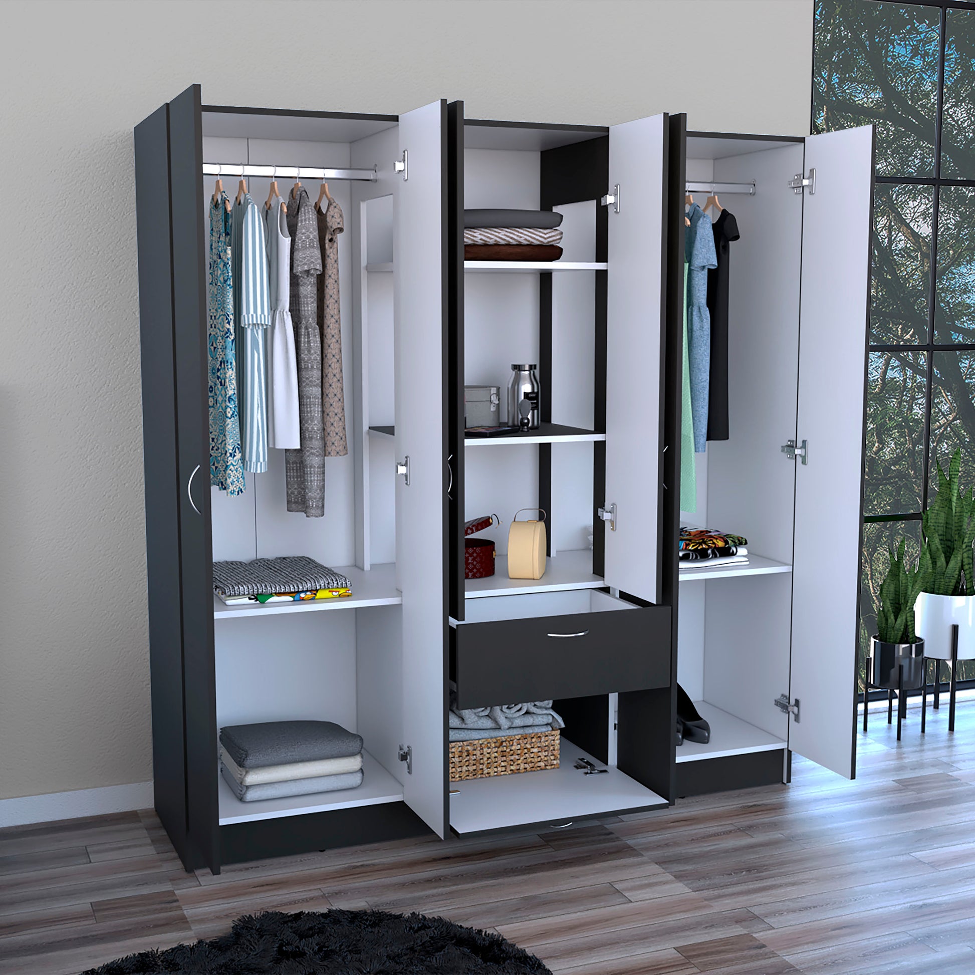 Mitu Six Doors Armoire, Seven Interior Shelves, One Drawer, Rod Black White Black Bedroom Particle Board