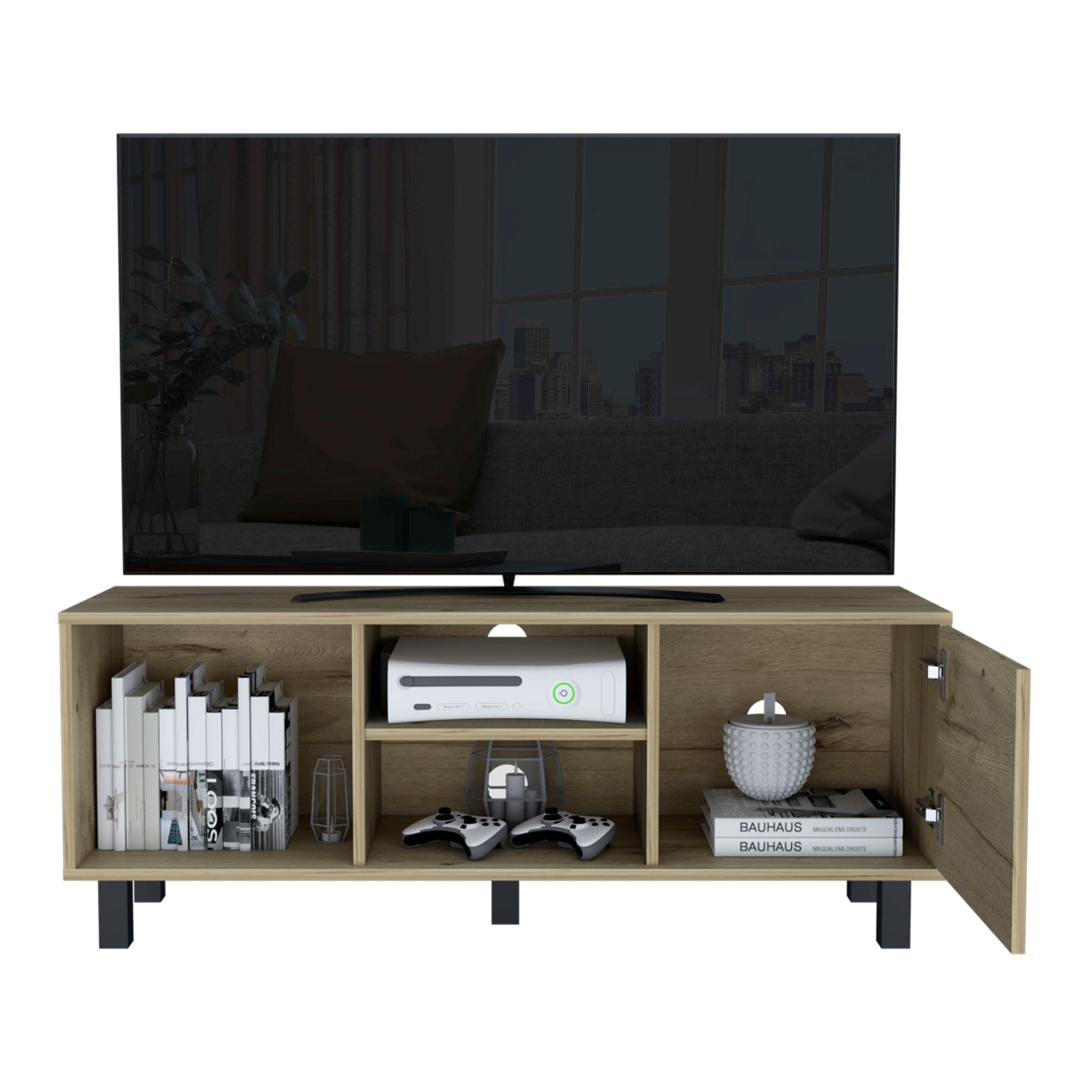 Tunez Tv Stand For Tv S Up 43" Three Open Shelves, One Cabinet Light Oak Beige Particle Board Particle Board