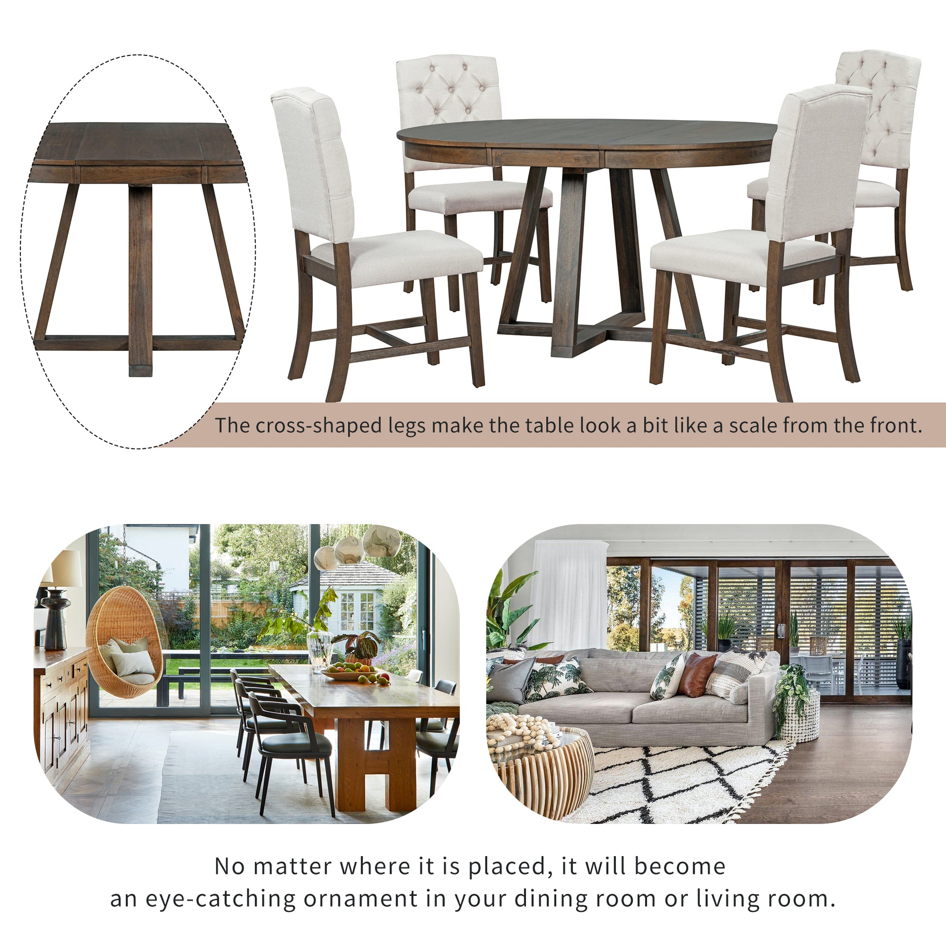 5 Piece Retro Functional Dining Set, Round Table With A 16"W Leaf And 4 Upholstered Chairs For Dining Room And Living Room Walnut Walnut Solid Wood