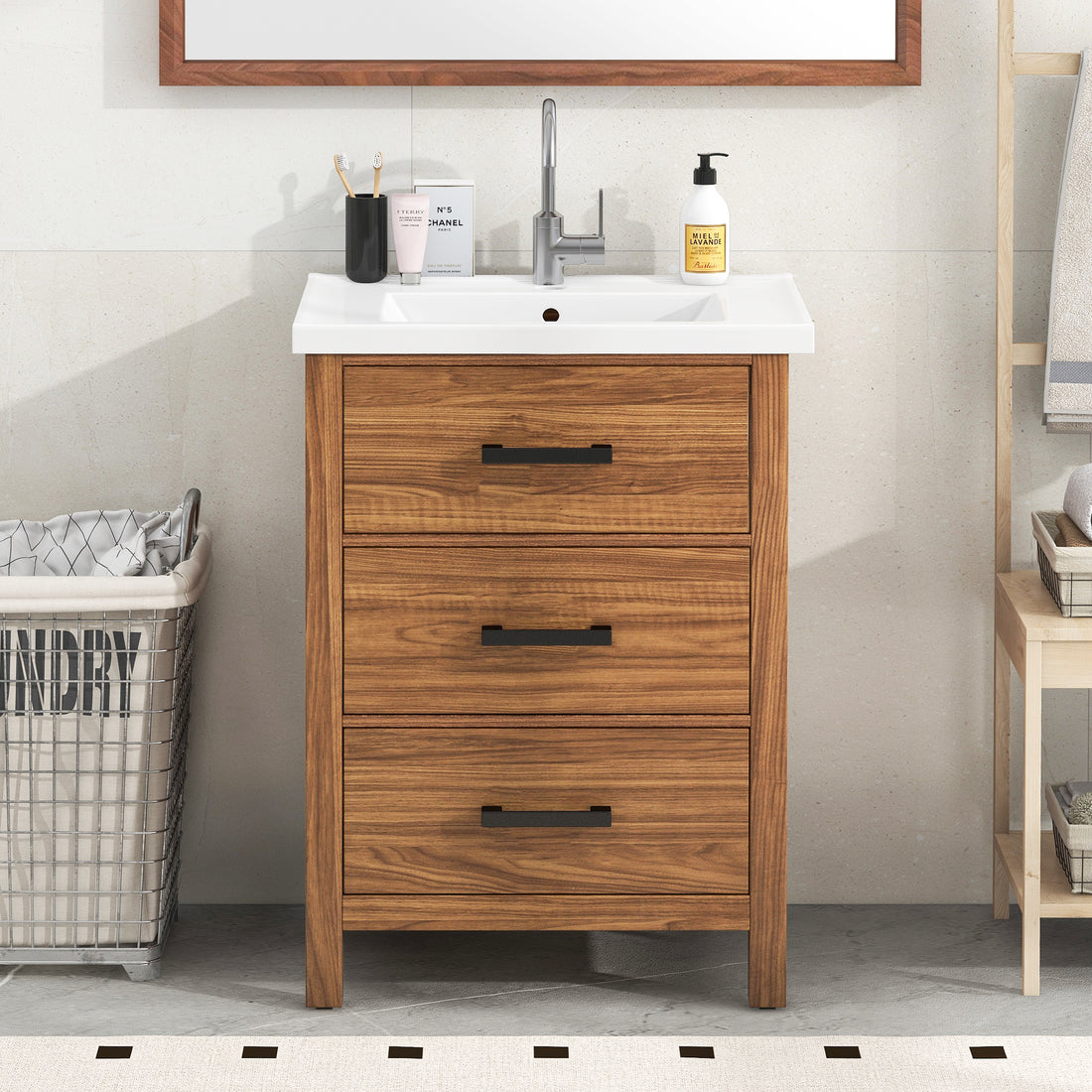 24'' Bathroom Vanity With Ceramic Basin Sink, Modern Bathroom Storage Cabinet With 3 Drawers, Freestanding Bathroom Vanity Cabinet With Single Sink 3 Natural Wood Adjustable Hinges Modern Mdf