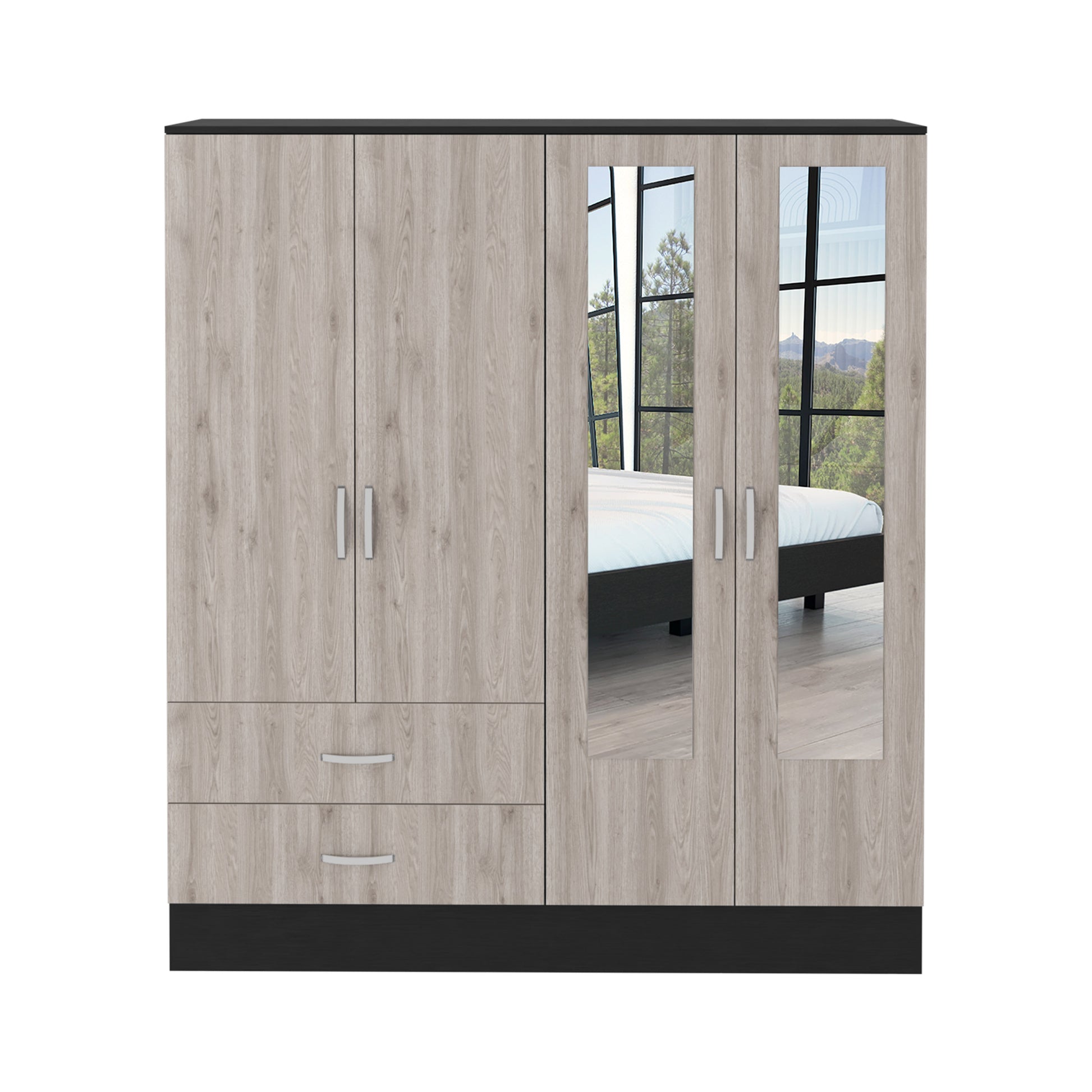 Bolton 160 Armoire, Six Shelves, Two Double Door Cabinets, Two Mirrors, Two Drawers, Rod Black Light Gray Multicolor Bedroom Particle Board