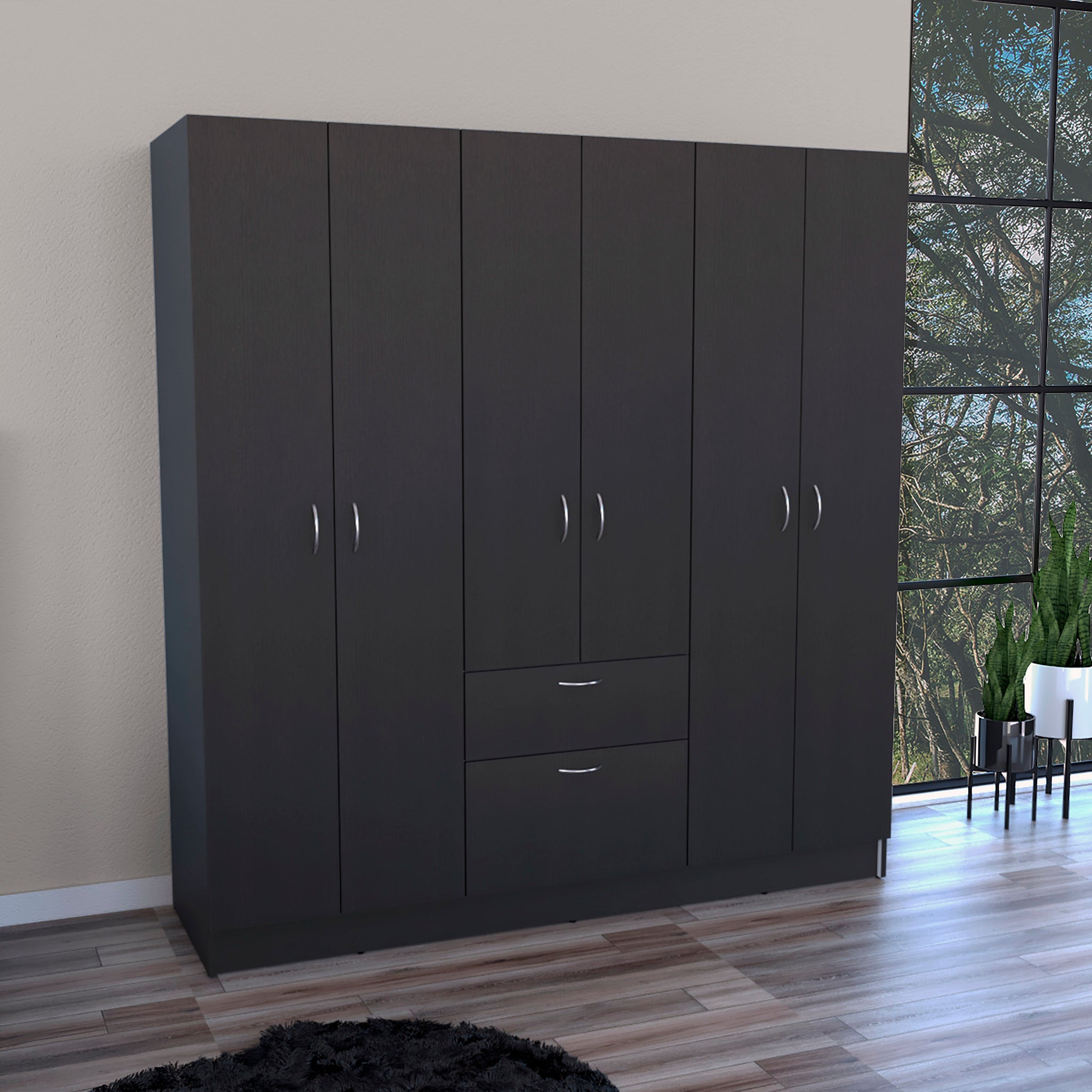 Mitu Six Doors Armoire, Seven Interior Shelves, One Drawer, Rod Black White Black Bedroom Particle Board