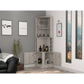 Syrah Corner Bar Cabinet, Eight Bottle Cubbies, Double Door, Two Open Shelves 1 2 Shelves Light Gray Gray Dining Room Open Storage Space Modern Particle Board