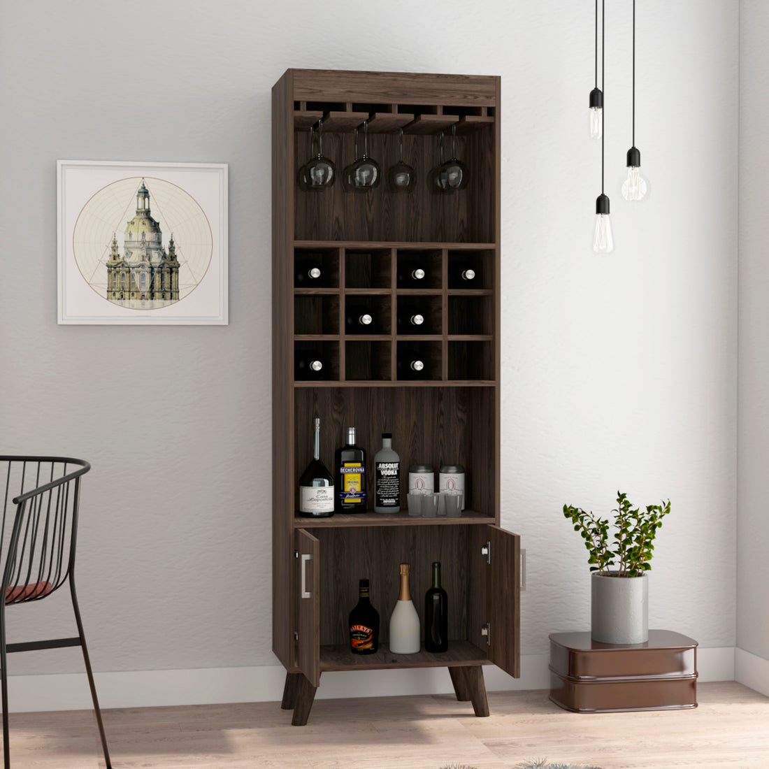 Oslo Bar Cabinet, Twelve Built In Wine Rack, Double Door Cabinet, Two Shelves Dark Walnut Black Dark Walnut Particle Board Particle Board