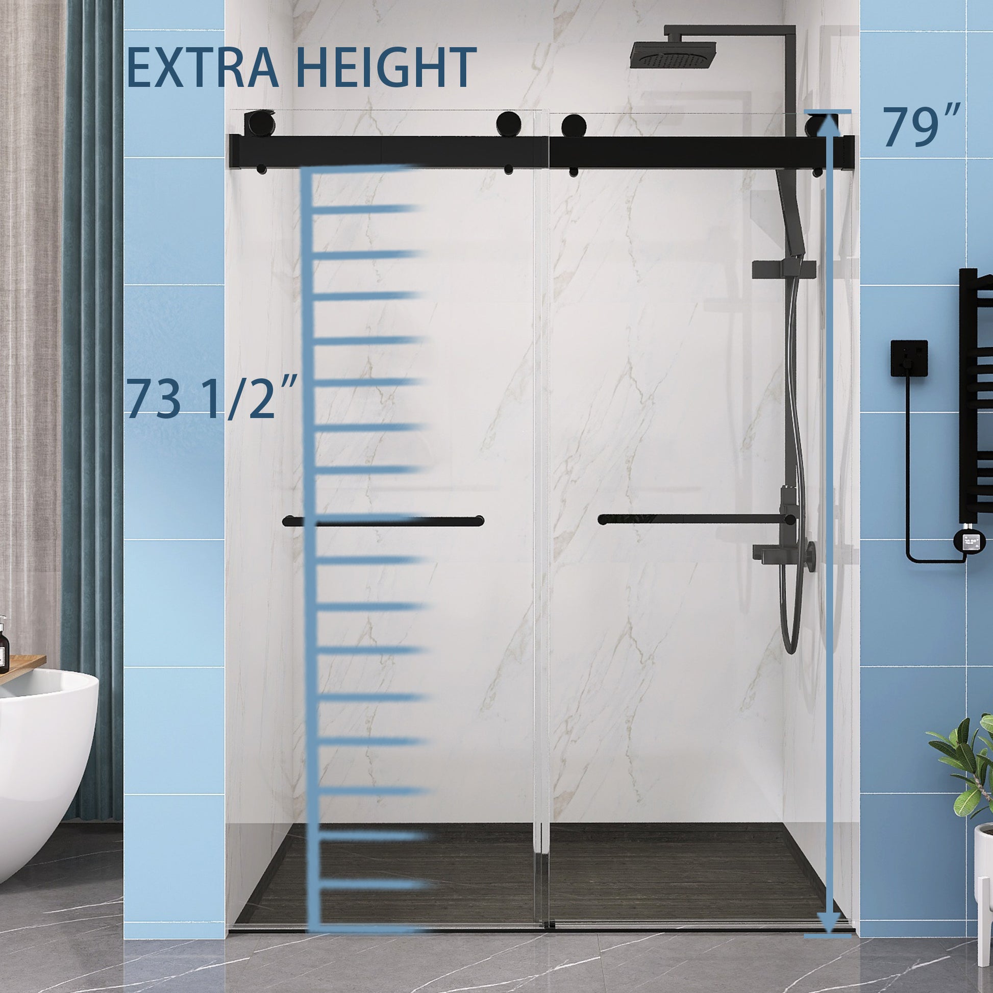 Frameless Double Sliding Shower, 69" 72" Width, 79" Height, 3 8" 10 Mm Clear Tempered Glass,Designed For Smooth Door With Clear Tempered Glass And Stainless Steel Hardware In Matte Black Finish Matte Black Bathroom Modern Glass