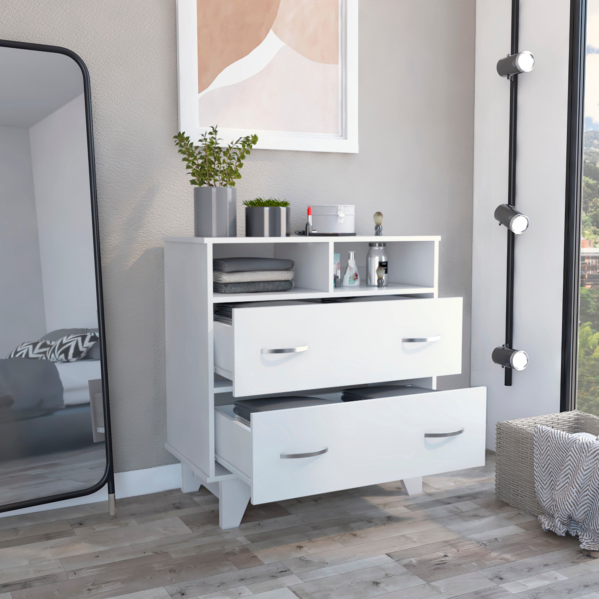 Portanova Two Drawer Dresser, Two Open Shelves, Superior Top, Four Leg Portanova Two Drawer Dresser, Two Open Shelves, Superior Top, Four Leg