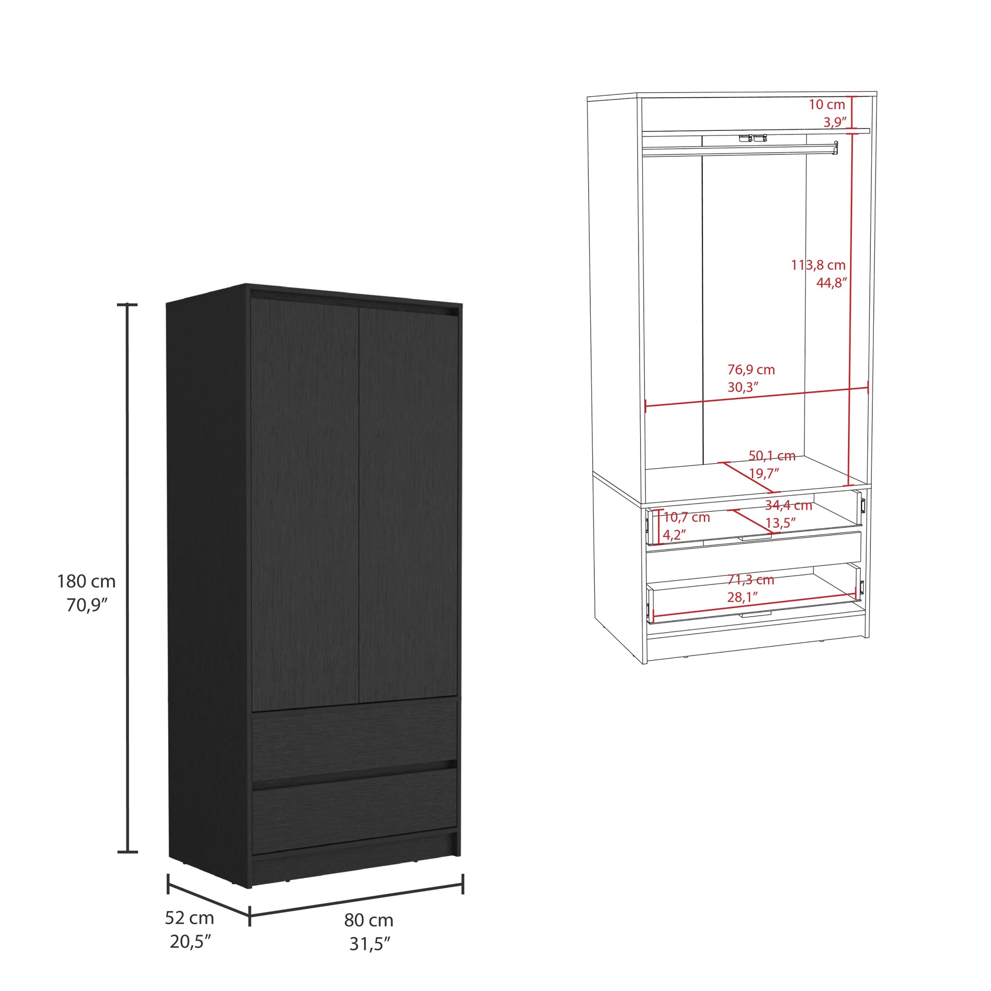 Austin 2 Drawers Armoire, Double Door, Hanging Rod Black Black Bedroom Modern Particle Board Particle Board