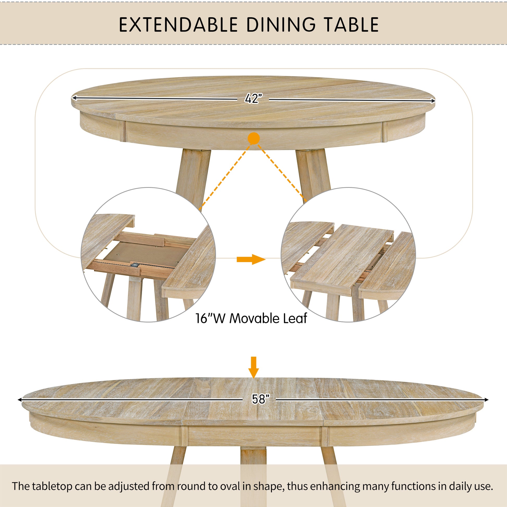 5 Piece Retro Functional Dining Set, Round Table With A 16"W Leaf And 4 Upholstered Chairs For Dining Room And Living Room Natural Natural Solid Wood