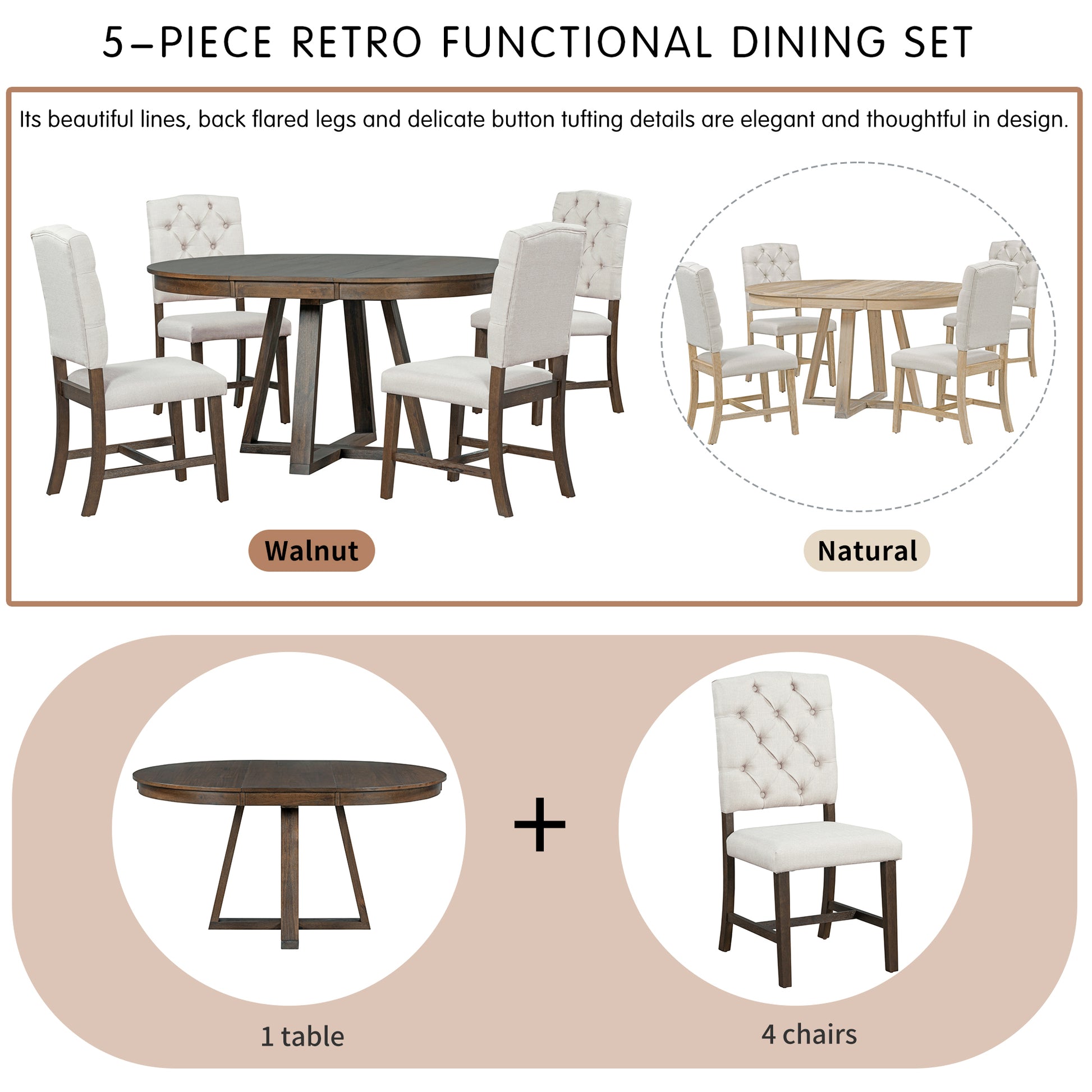 5 Piece Retro Functional Dining Set, Round Table With A 16"W Leaf And 4 Upholstered Chairs For Dining Room And Living Room Walnut Walnut Solid Wood