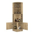 Syrah Corner Bar Cabinet, Eight Bottle Cubbies, Double Door, Two Open Shelves Old Pine Particle Board