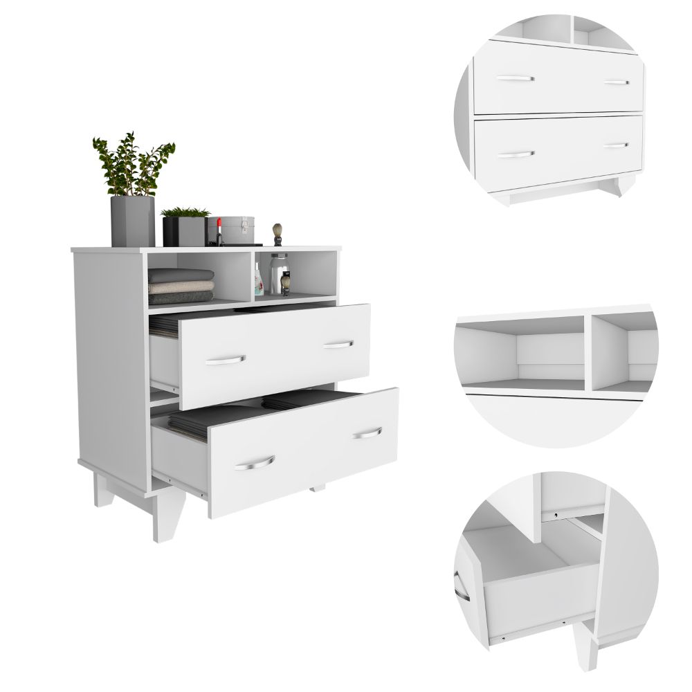 Portanova Two Drawer Dresser, Two Open Shelves, Superior Top, Four Legs White White Bedroom Modern Particle Board Particle Board