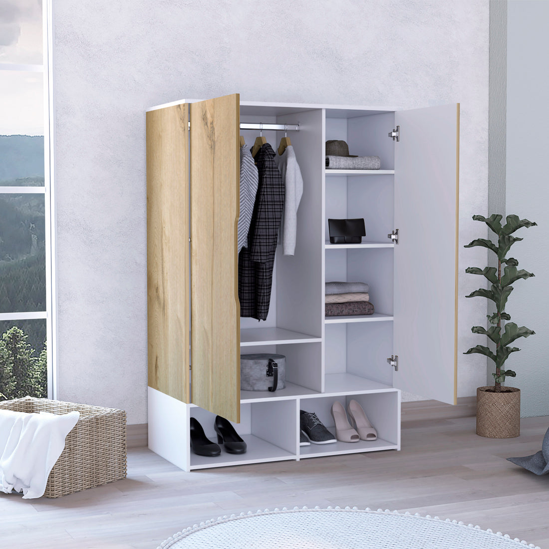 Rosie Armoire, Two Open Shelves, Double Door, Five Shelves, Hanging Rod Light Oak White Multicolor Particle Board Particle Board