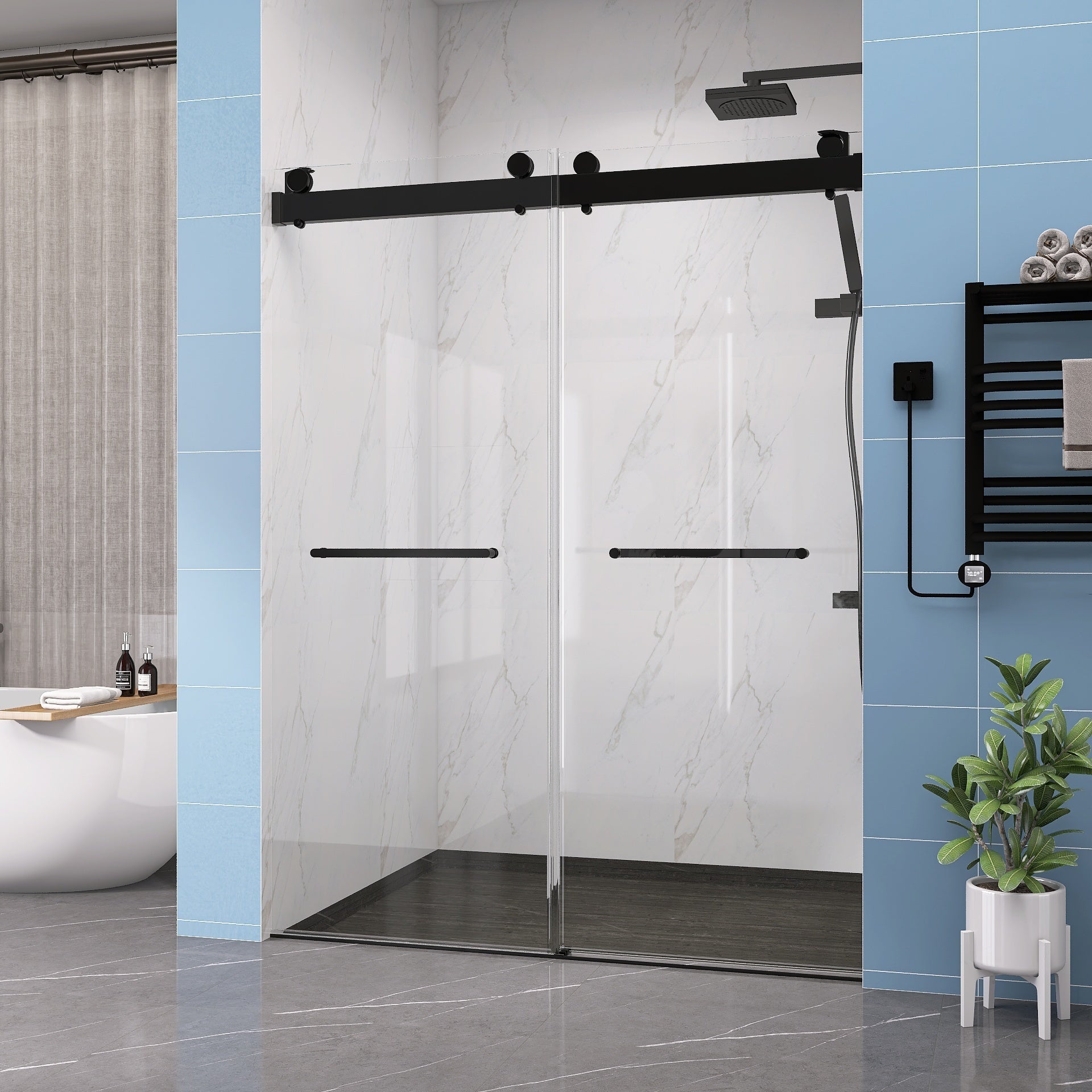 Frameless Double Sliding Shower, 69" 72" Width, 79" Height, 3 8" 10 Mm Clear Tempered Glass,Designed For Smooth Door With Clear Tempered Glass And Stainless Steel Hardware In Matte Black Finish Matte Black Bathroom Modern Glass