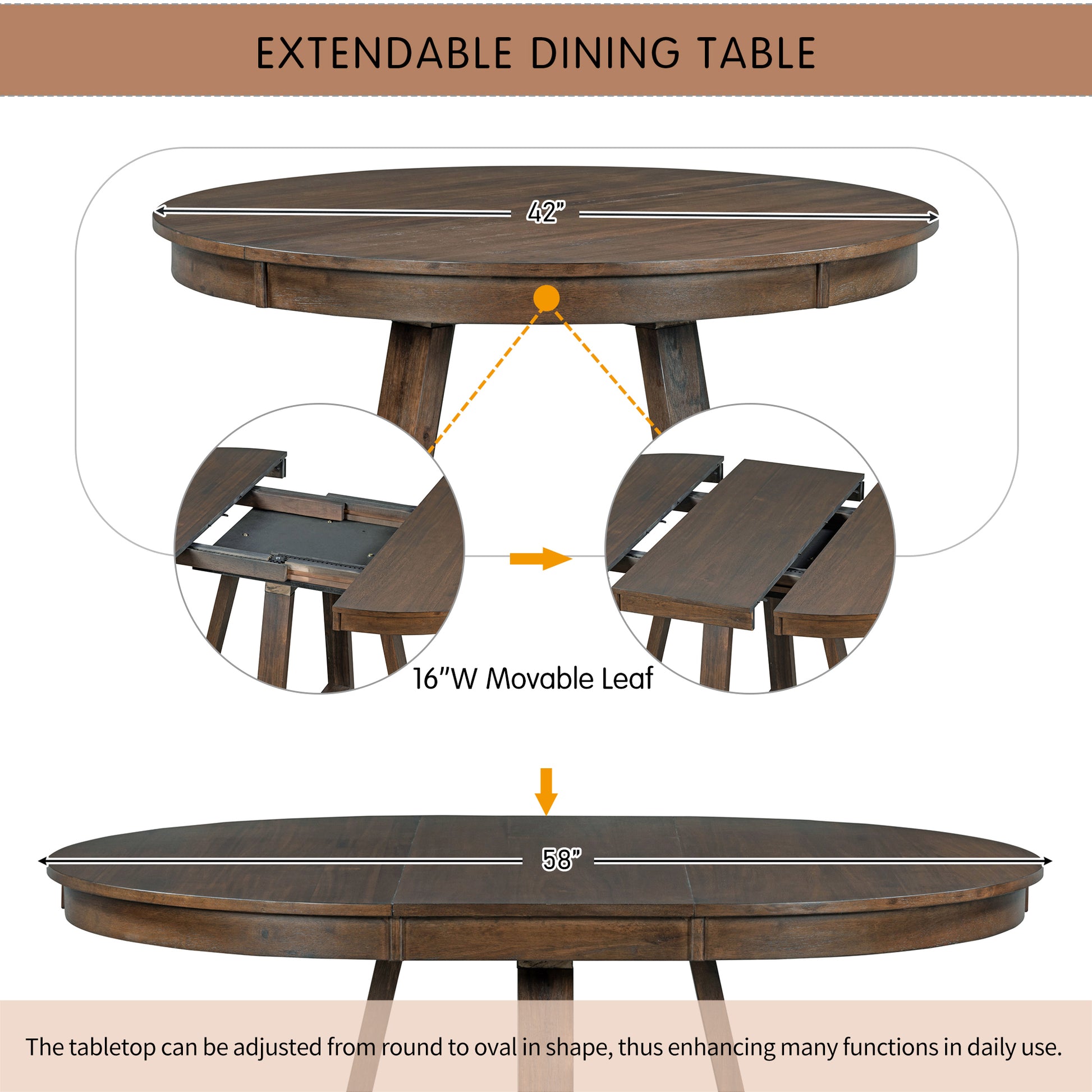 5 Piece Retro Functional Dining Set, Round Table With A 16"W Leaf And 4 Upholstered Chairs For Dining Room And Living Room Walnut Walnut Solid Wood