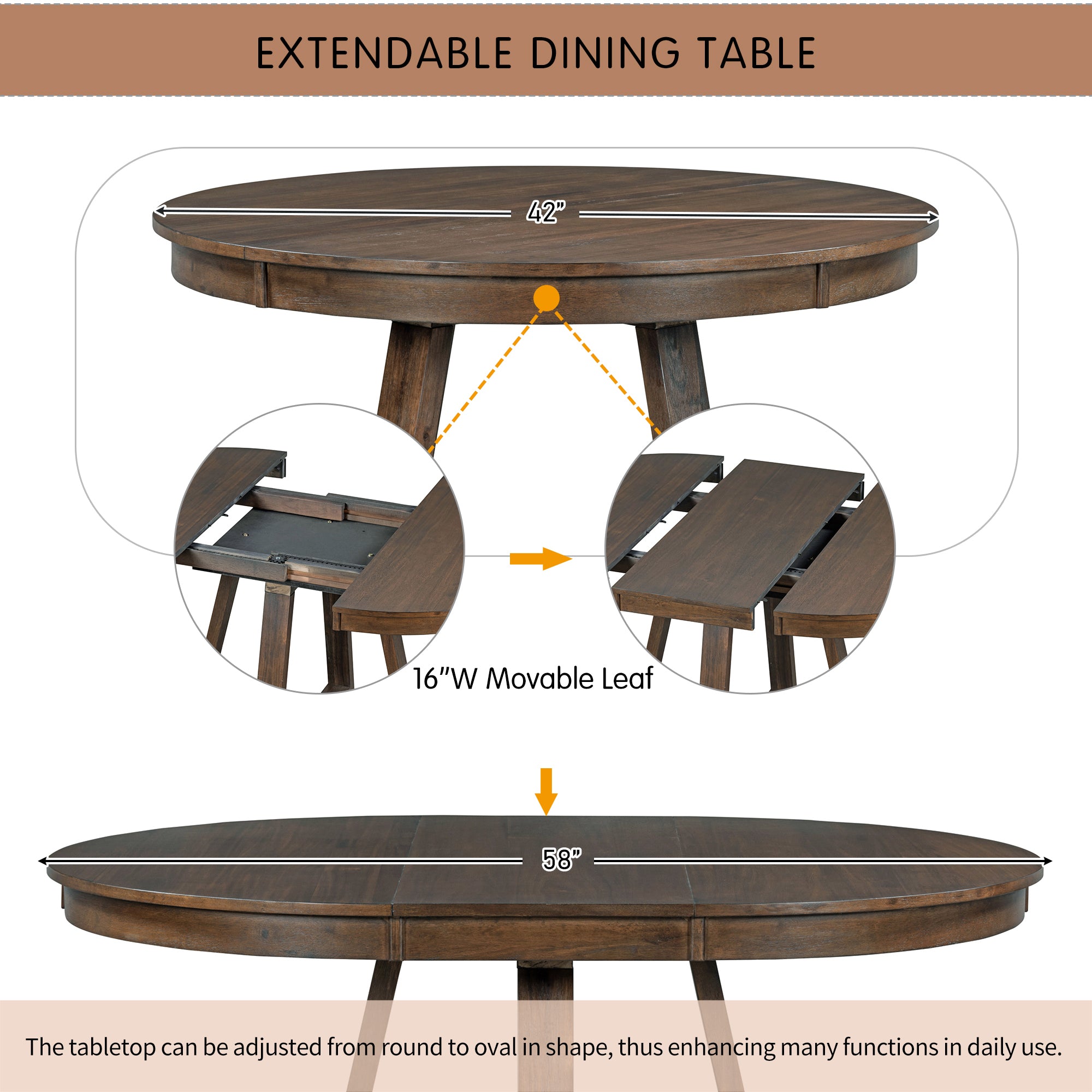 5 Piece Retro Functional Dining Set, Round Table walnut-solid wood