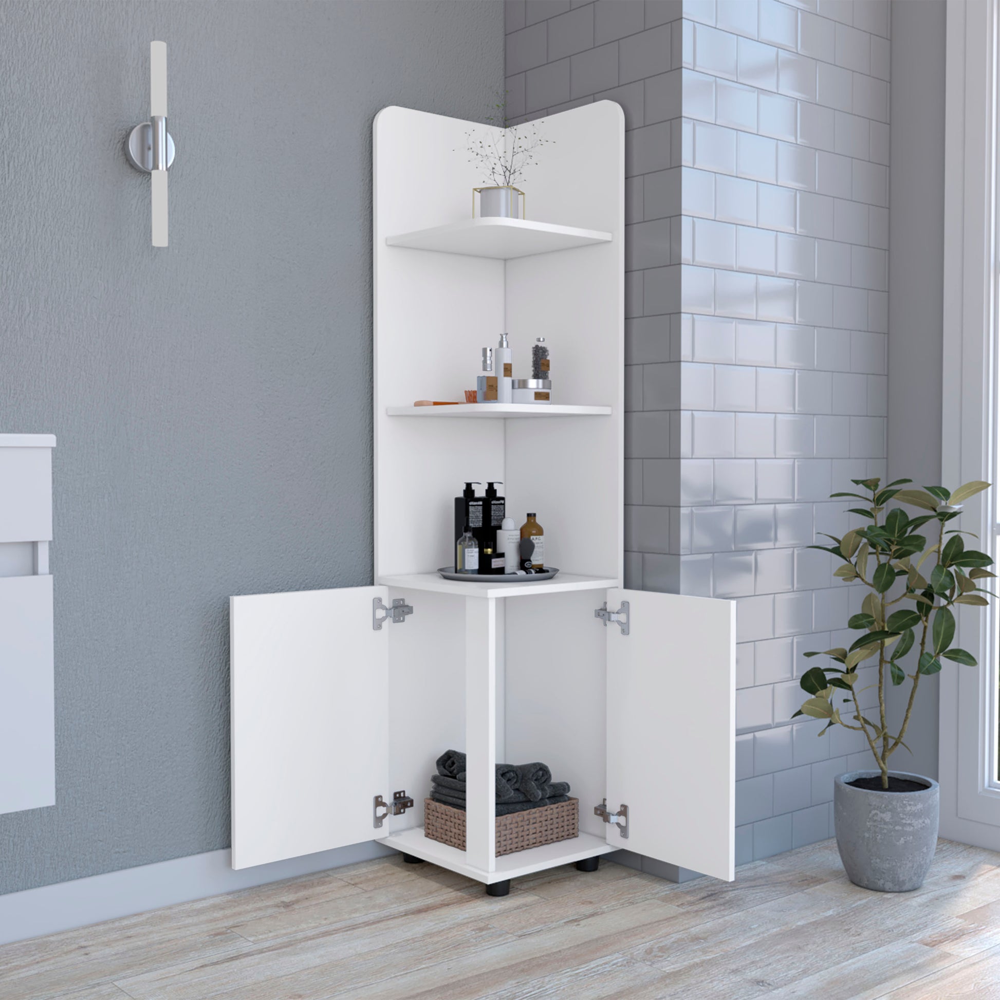 Malibu Freestanding Linen Cabinet, 2 Doors, Open Shelves White White 2 4 Bathroom Freestanding Modern Particle Board Particle Board