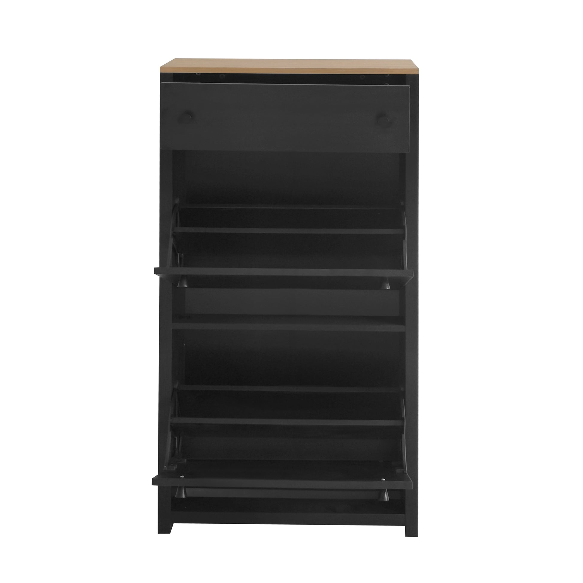 Functional Entryway Organizer With 2 Flip Drawers, Wood Grain Pattern Top Shoe Cabinet With Drawer, Free Standing Shoe Rack With Adjustable Panel For Hallway, Black Freestanding 3 4 Drawers Black Primary Living Space Adjustable Shelves Particle Board