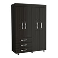 Denver Mobile Armoire, With Hanging Rods, Double Door Cabinet, Three Drawers, Two Shelves Black Black Particle Board