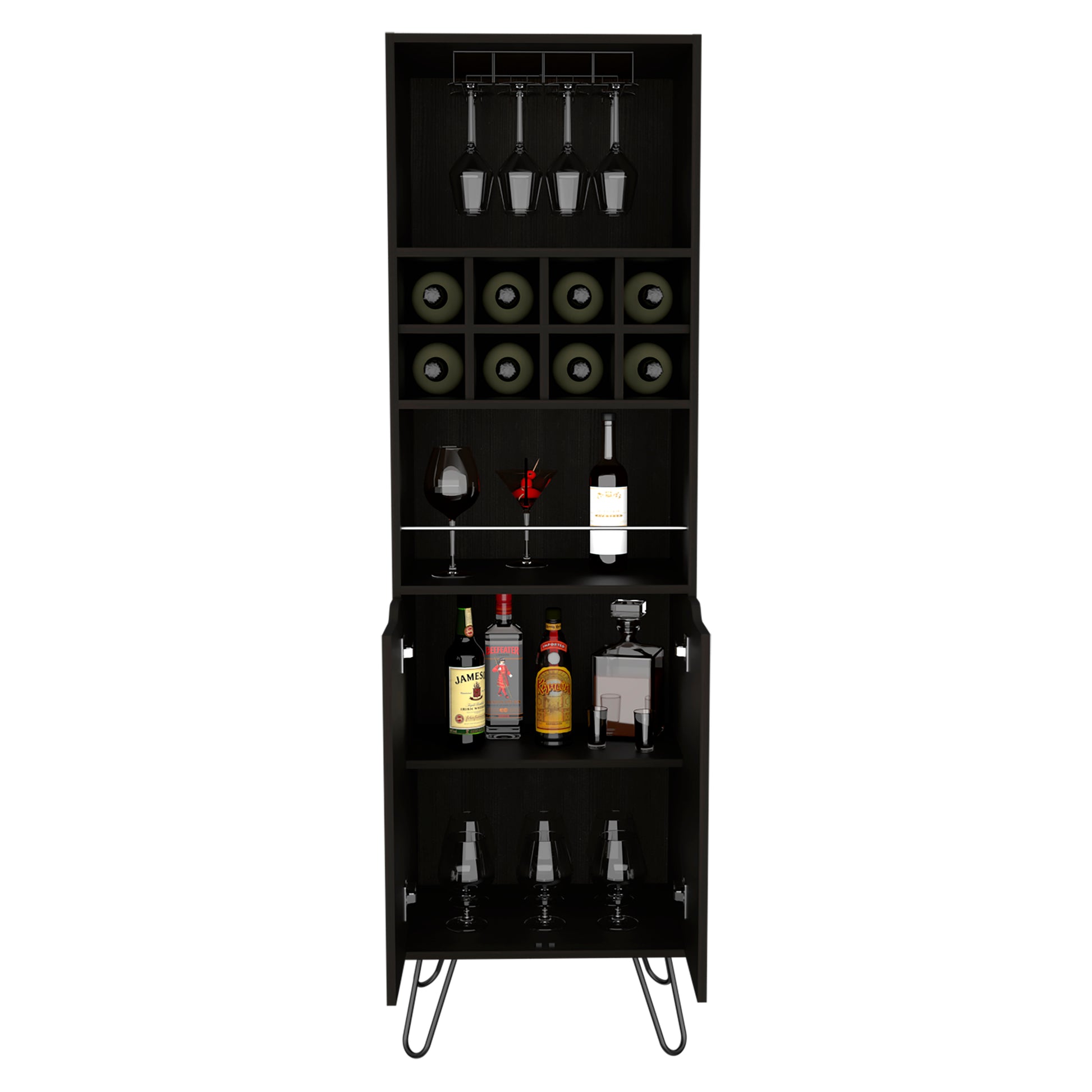 Manhattan L Bar Cabinet, Eight Built In Wine Rack, Two Cabinets With Single Door Black Black Particle Board Particle Board