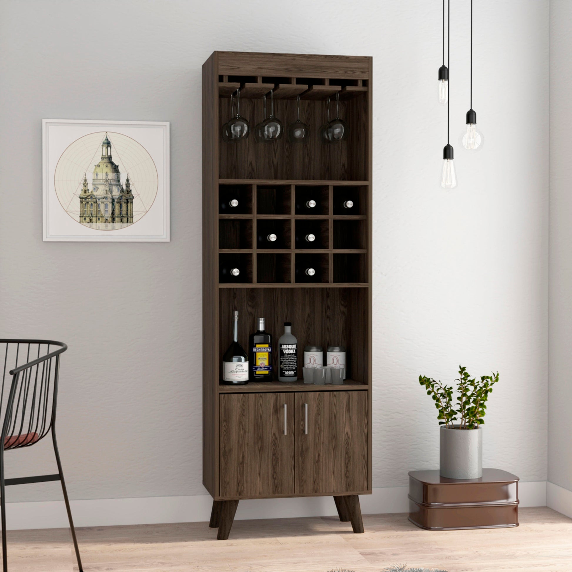 Oslo Bar Cabinet, Twelve Built In Wine Rack, Double Door Cabinet, Two Shelves Dark Walnut Black Dark Walnut Particle Board Particle Board