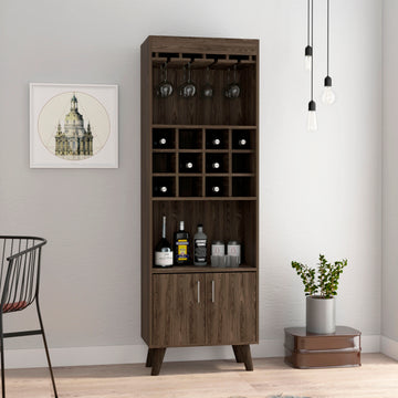 Oslo Bar Cabinet, Twelve Built In Wine Rack, Double Door Cabinet, Two Shelves Dark Walnut Brown Particle Board Particle Board