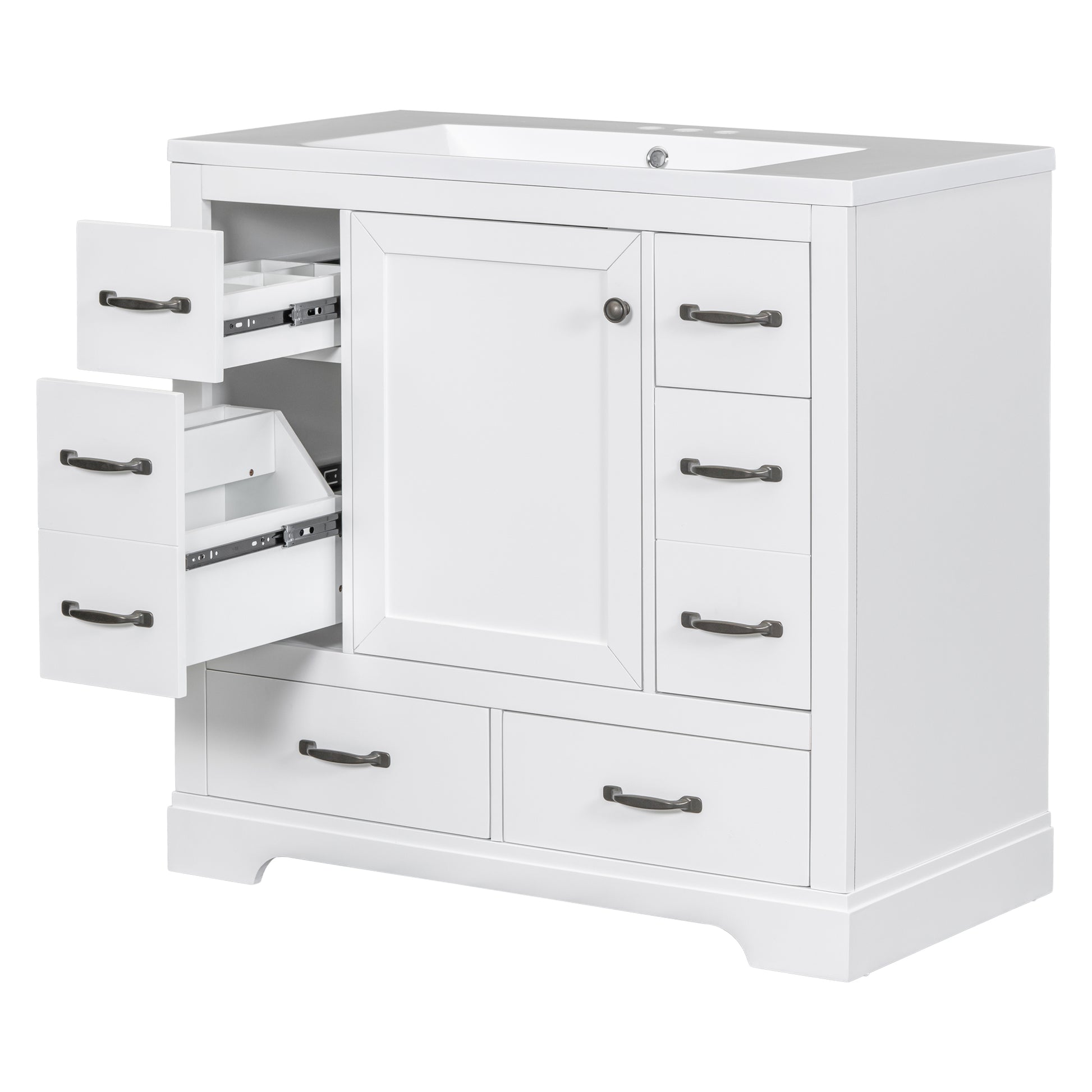36" Bathroom Vanity With Sink Combo, Six Drawers, Multi Functional Drawer Divider, Adjustable Shelf, White White Solid Wood Mdf