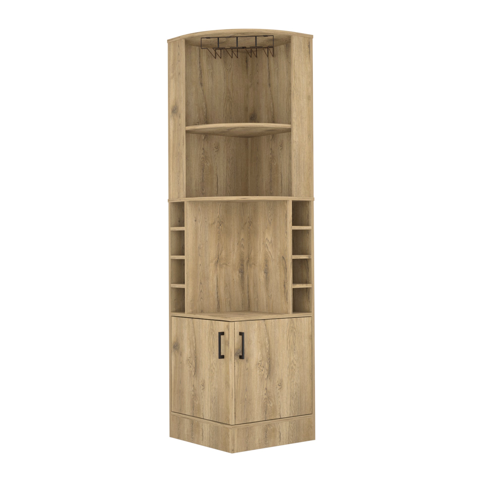 Syrah Corner Bar Cabinet, Eight Bottle Cubbies, Double Door, Two Open Shelves Old Pine Particle Board