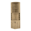 Syrah Corner Bar Cabinet, Eight Bottle Cubbies, Double Door, Two Open Shelves Macadamia Mahogany Particle Board