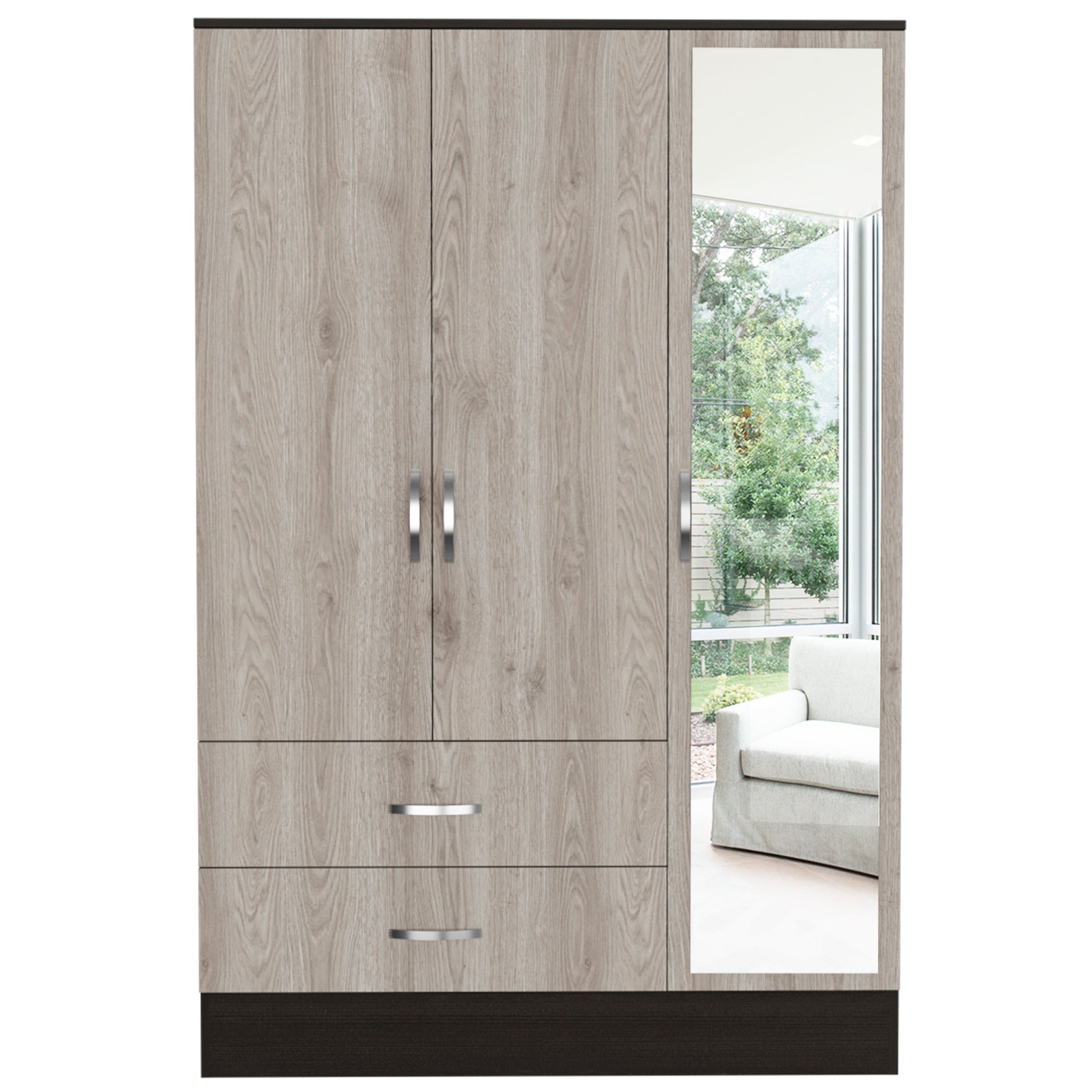 Bolton 120 Mirrored Armoire, Metal Hardware, Double Door Cabinet, Two Drawers, Single Door With Mirror, Rods Multicolor Multicolor Bedroom Particle Board