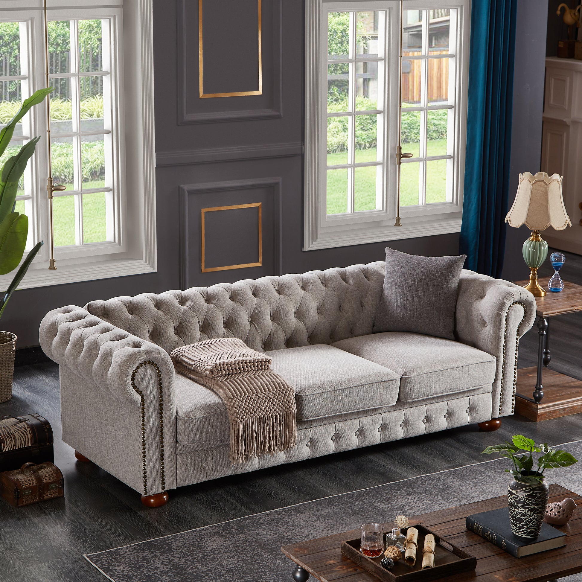 Chesterfield Sofa In Linen Fabric Light Grey Light Grey Foam Fabric