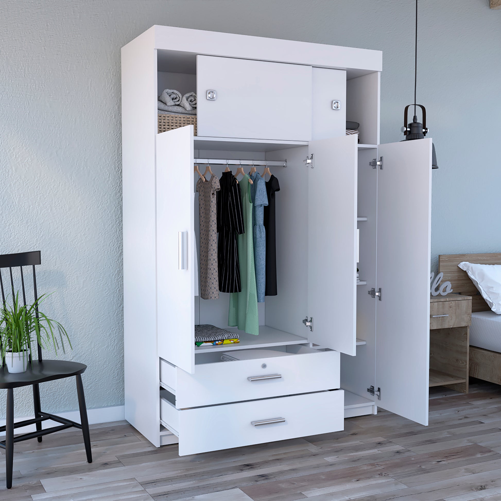 Chile Armoire, Rod, Three Door Cabinet, Two Drawers, Two Superior Adjustable Shelves, Metal Hardware White White Particle Board