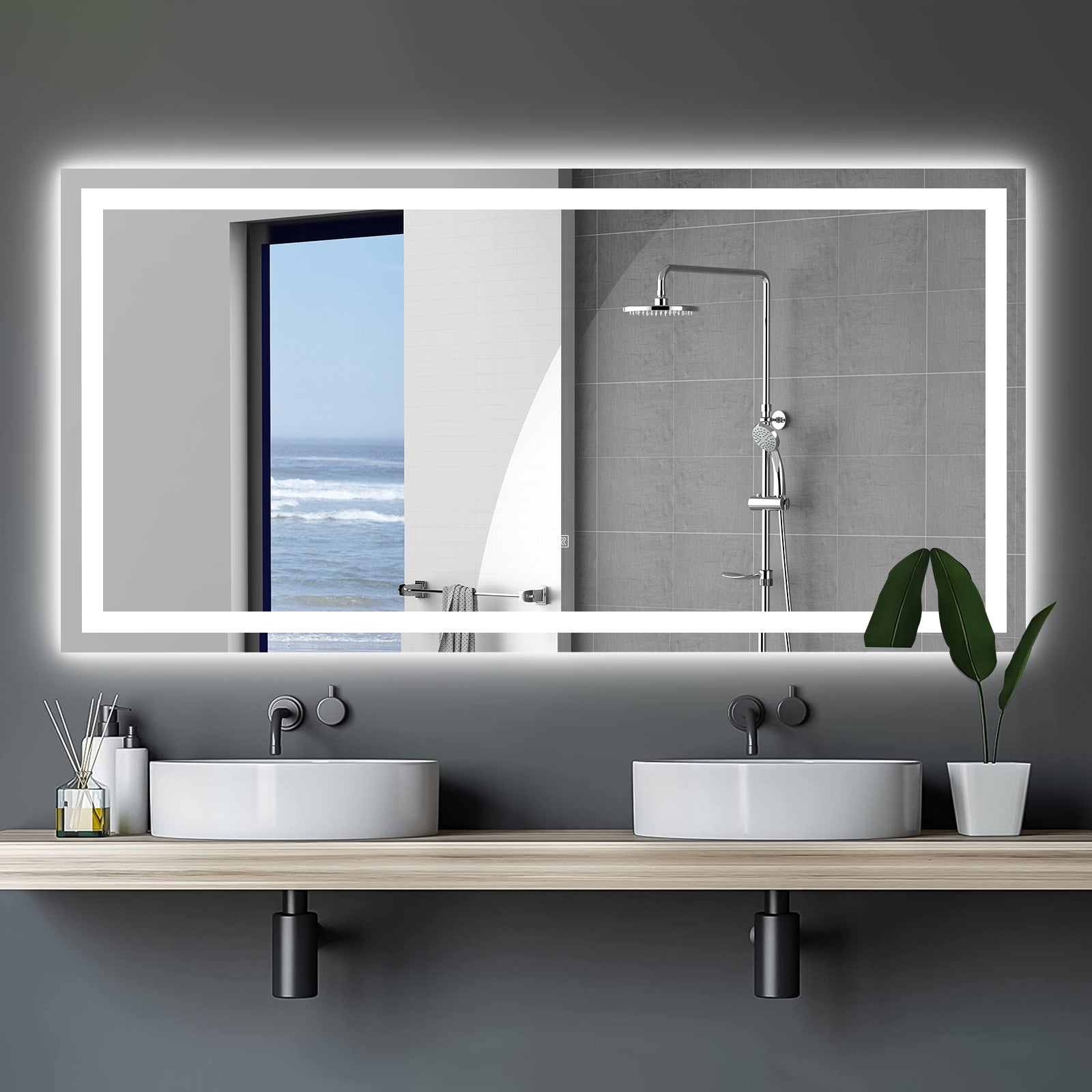 Led Bathroom Mirror 72X36 Inch With Lights, Anti Fog & Dimming Led Bathroom Vanity Mirror Transparent Glass