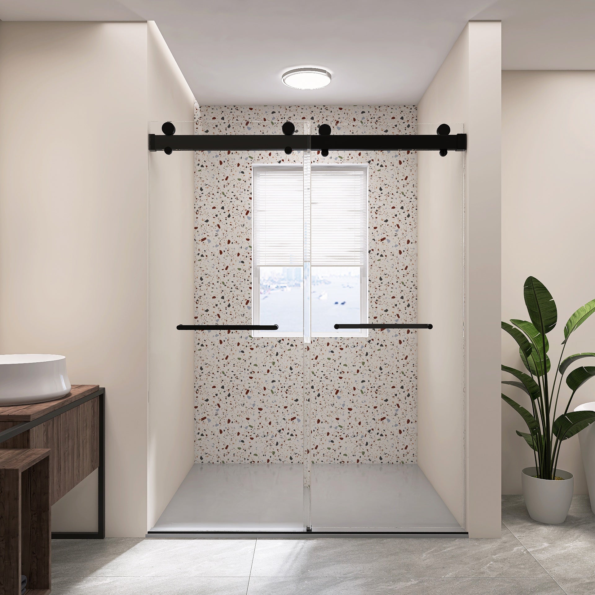 Frameless Double Sliding Shower, 57" 60" Width, 79" matte black-bathroom-modern-glass