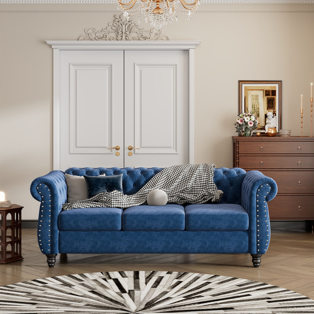 82" Modern Sofa Dutch Plush Upholstered Sofa, Solid Wood Legs, Buttoned Tufted Backrest, Blue Blue Foam Polyester