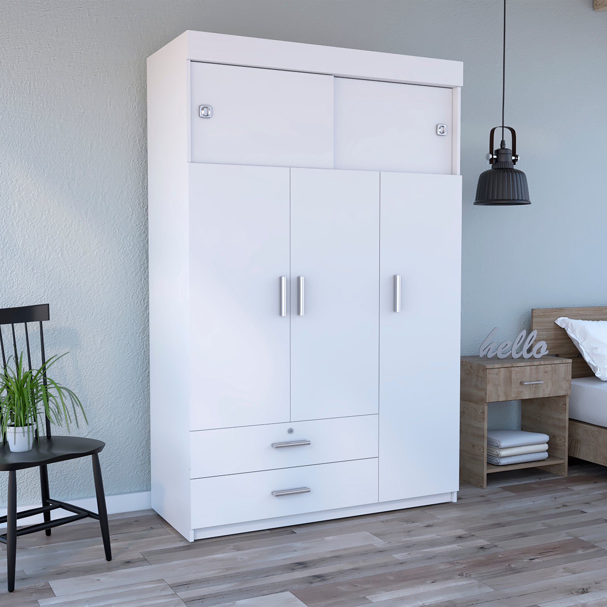 Chile Armoire, Rod, Three Door Cabinet, Two Drawers, Two Superior Adjustable Shelves, Metal Hardware White White Particle Board