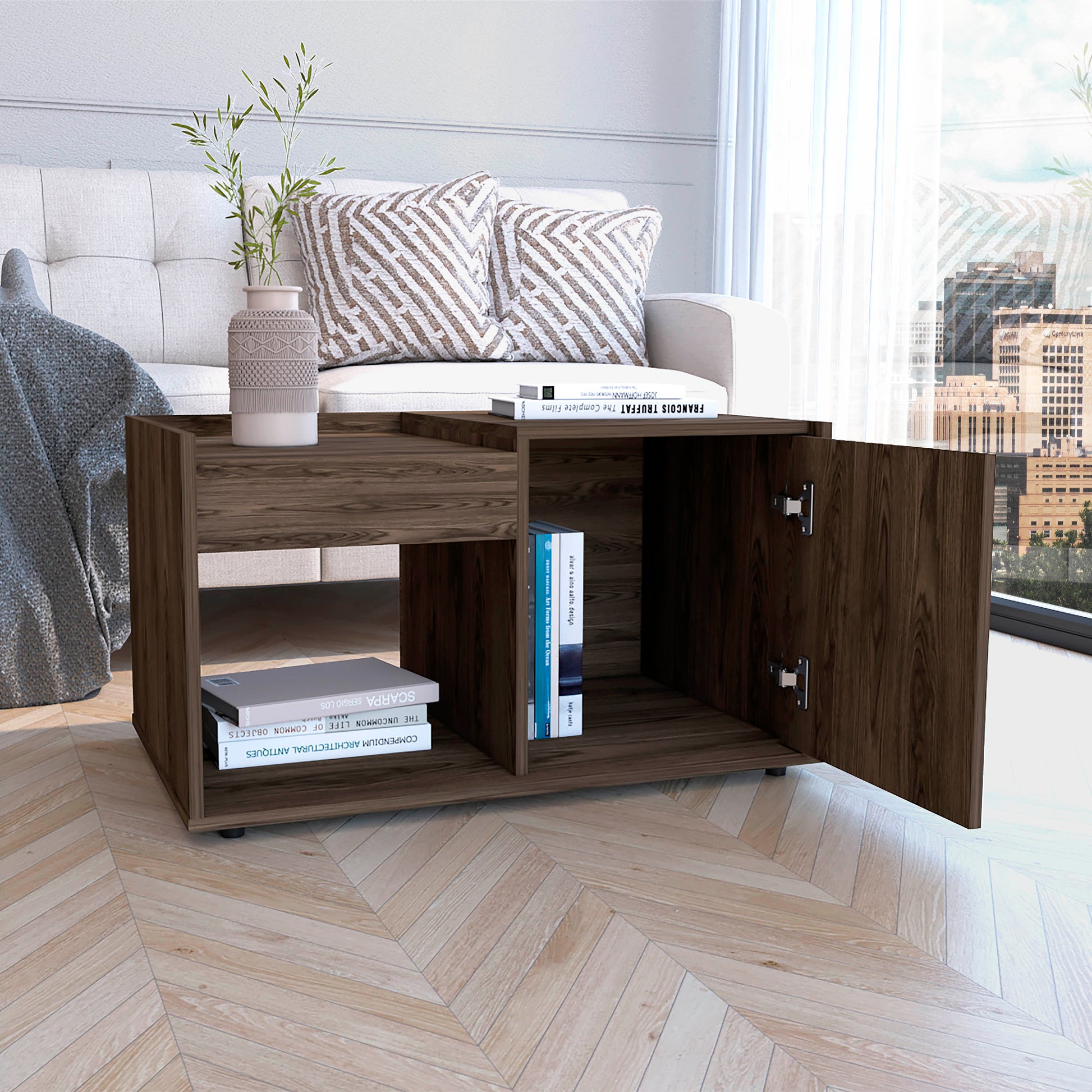 Velvet Coffee Table, One Open Shelf, Single Door Cabinet Brown Mdf Engineered Wood