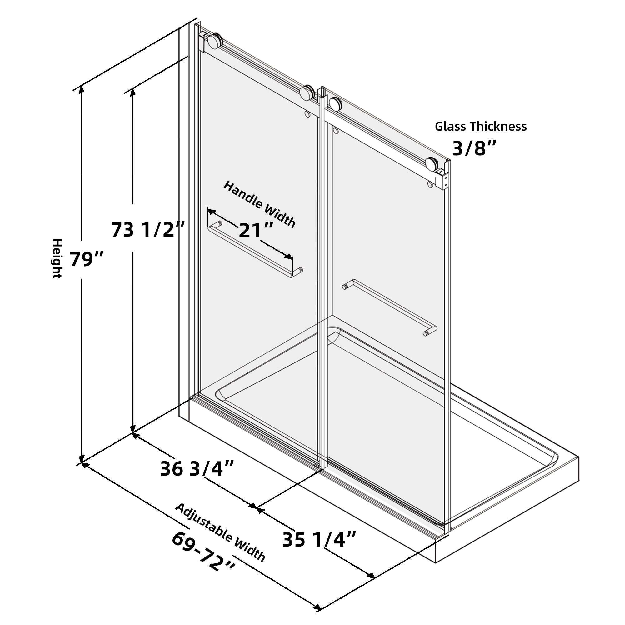 Frameless Double Sliding Shower, 69" 72" Width, 79" matte black-bathroom-modern-glass