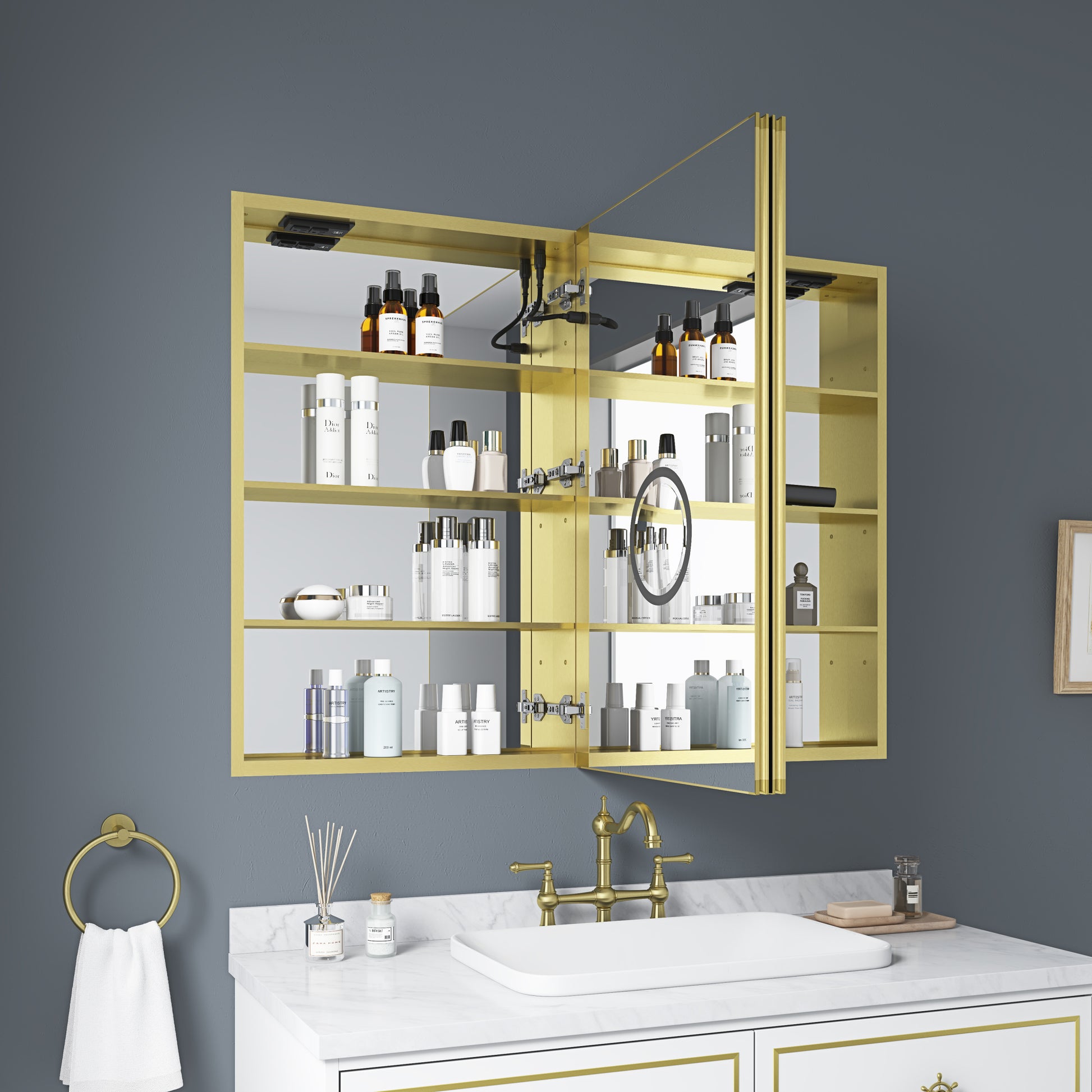 LED Lighted Bathroom Medicine Cabinet with Mirror gold-aluminium