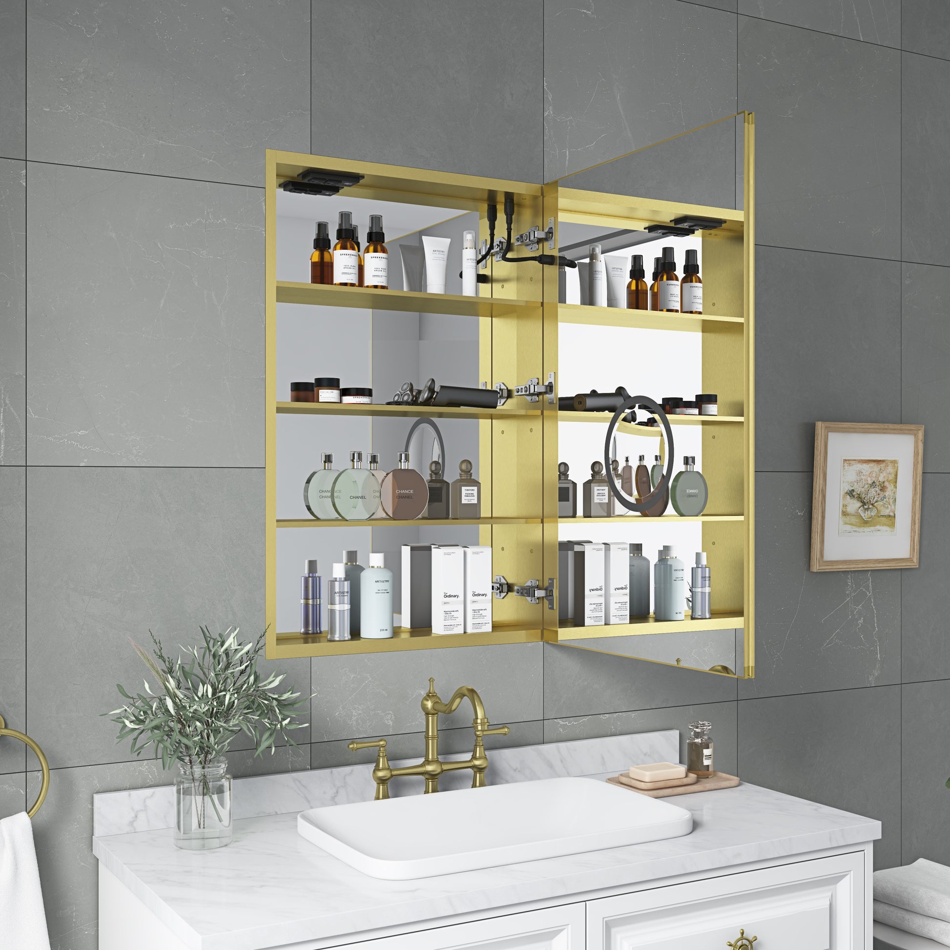 LED Lighted Bathroom Medicine Cabinet with Mirror gold-aluminium