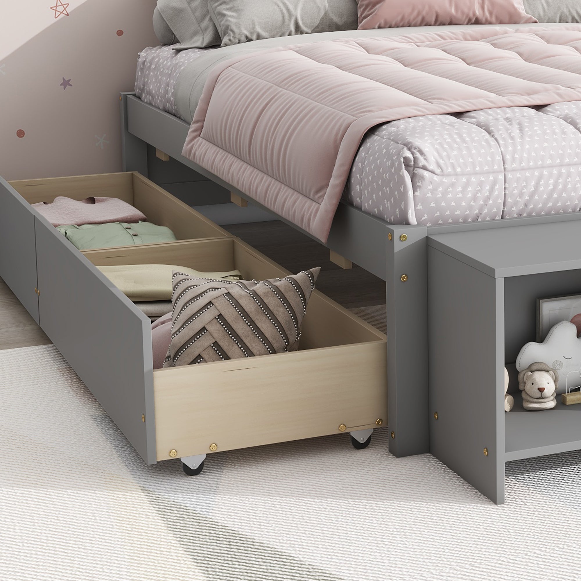 Full Size Bed with Storage Case, 2 Storage drawers full-grey-wood-bedroom-american design-pine-pine