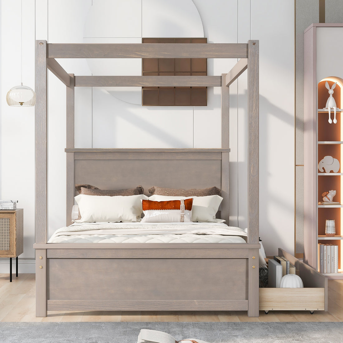 Wood Canopy Bed With Two Drawers, Full Size Canopy Platform Bed With Support Slats .No Box Spring Needed, Brushed Light Brown Light Brown Solid Wood Mdf