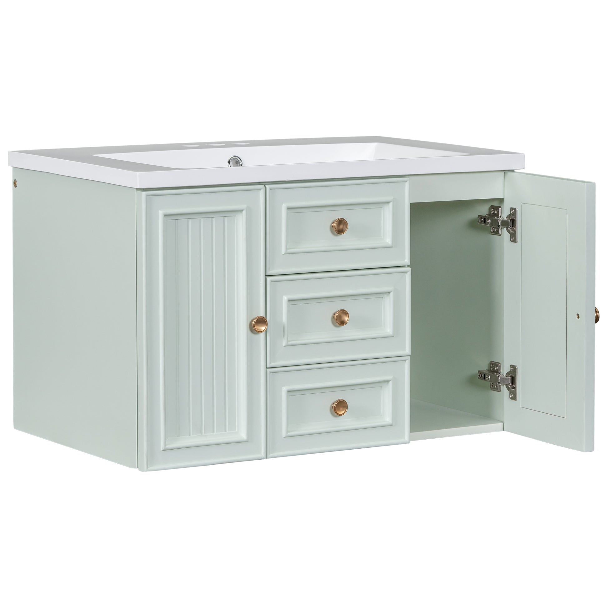 30" Wall Mounted Bathroom Vanity With Sink Combo, Functional Drawer, Solid Wood & Mdf Board & Ceramic, Green Old Sku:Sy999909Aaf Green Solid Wood Mdf