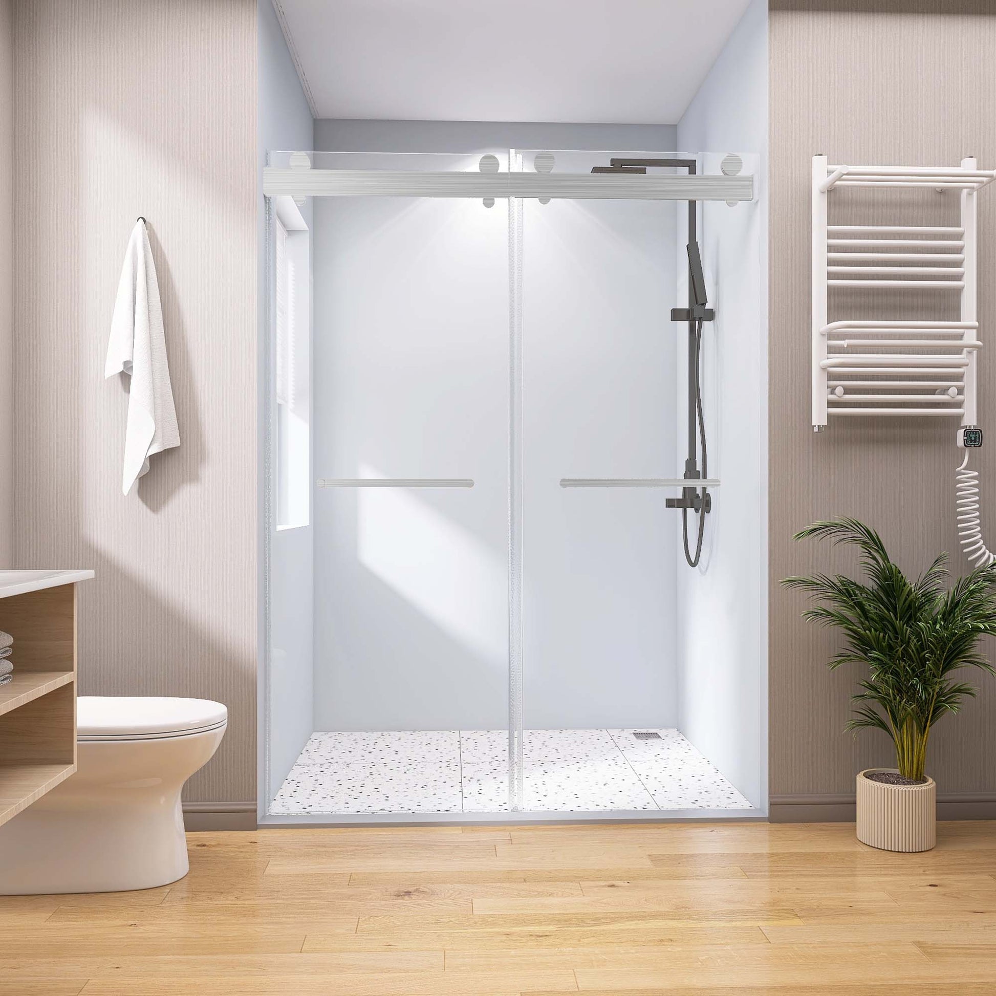 Frameless Double Sliding Shower, 57" 60" Width, 79" Height, 3 8" 10 Mm Clear Tempered Glass,Designed For Smooth Door With Clear Tempered Glass And Stainless Steel Hardware Brushed Nickel Brushed Nickel Glass