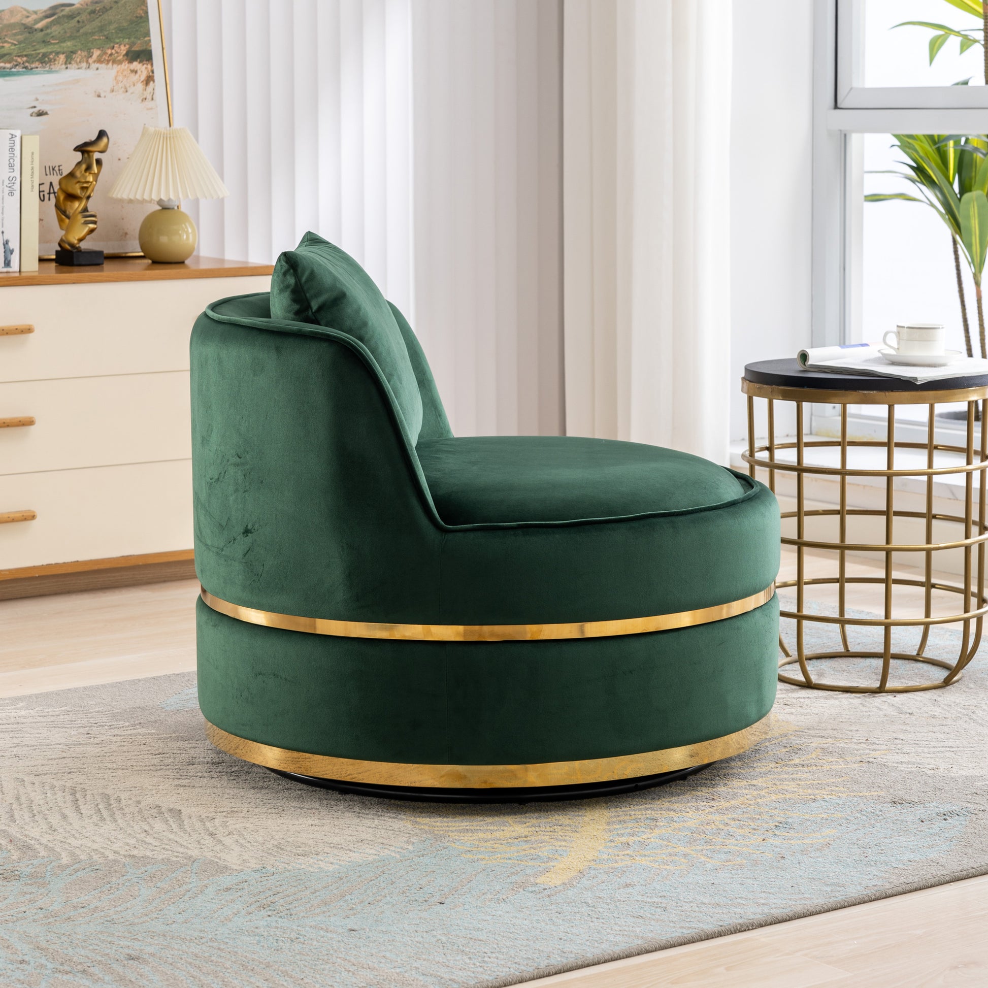 360 Degree Swivel Accent Chair Velvet Modern Upholstered Barrel Chair Over Sized Soft Chair With Seat Cushion For Living Room, Bedroom, Office, Apartment, Green Green Foam Velvet