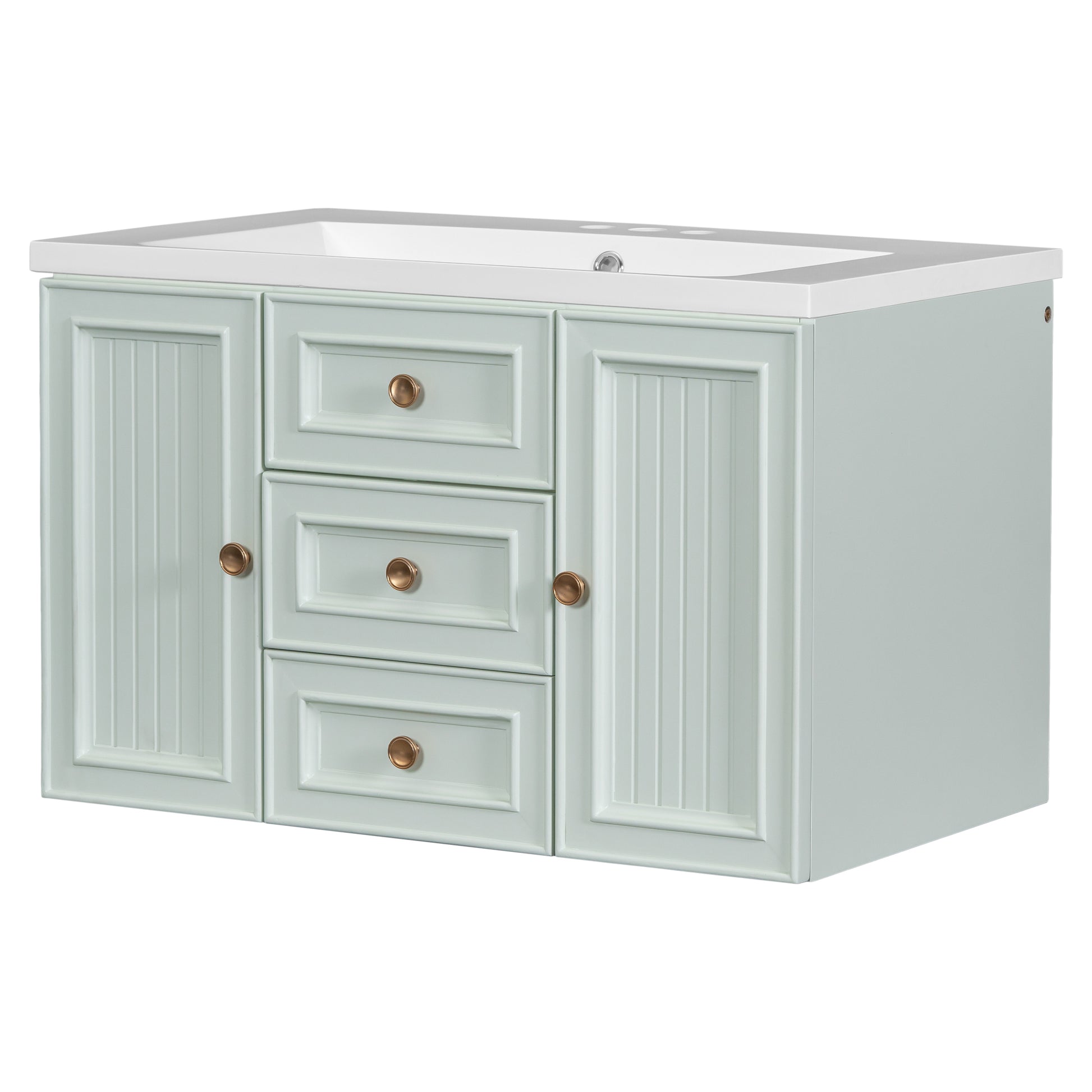 30" Wall Mounted Bathroom Vanity With Sink Combo, Functional Drawer, Solid Wood & Mdf Board & Ceramic, Green Old Sku:Sy999909Aaf Green Solid Wood Mdf